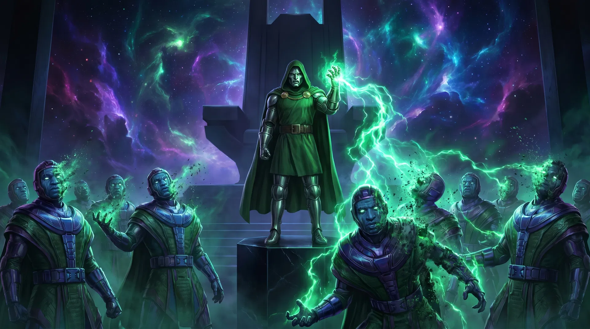 Doctor Doom destroying the Council of Kangs with green mystical energy