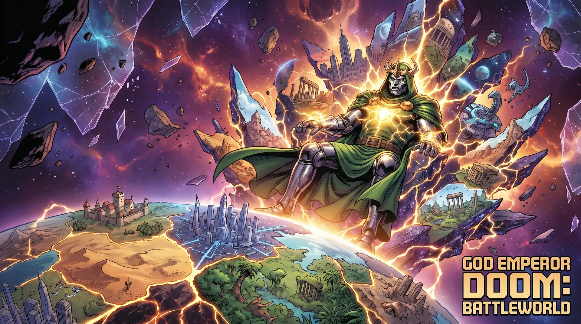 God Emperor Doom on his cosmic throne above Battleworld