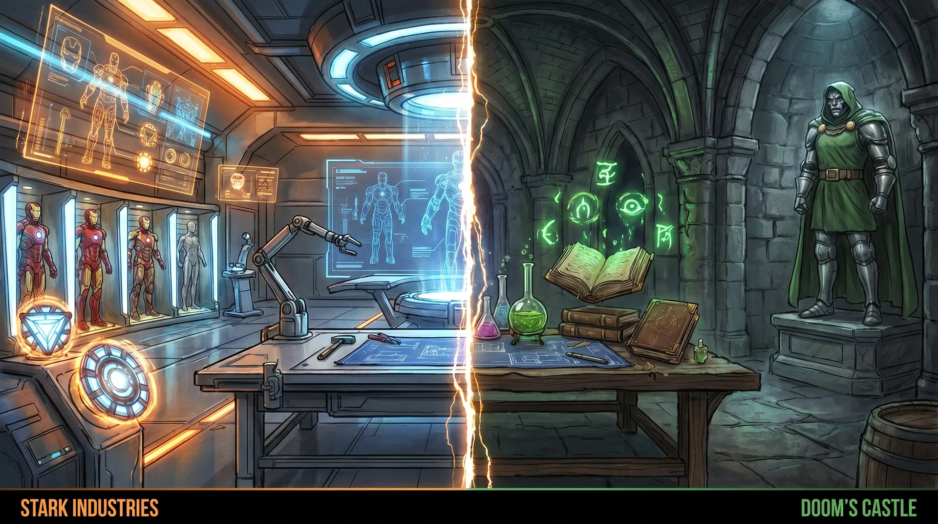 Split comparison of Tony Stark's workshop and Doctor Doom's Latverian laboratory