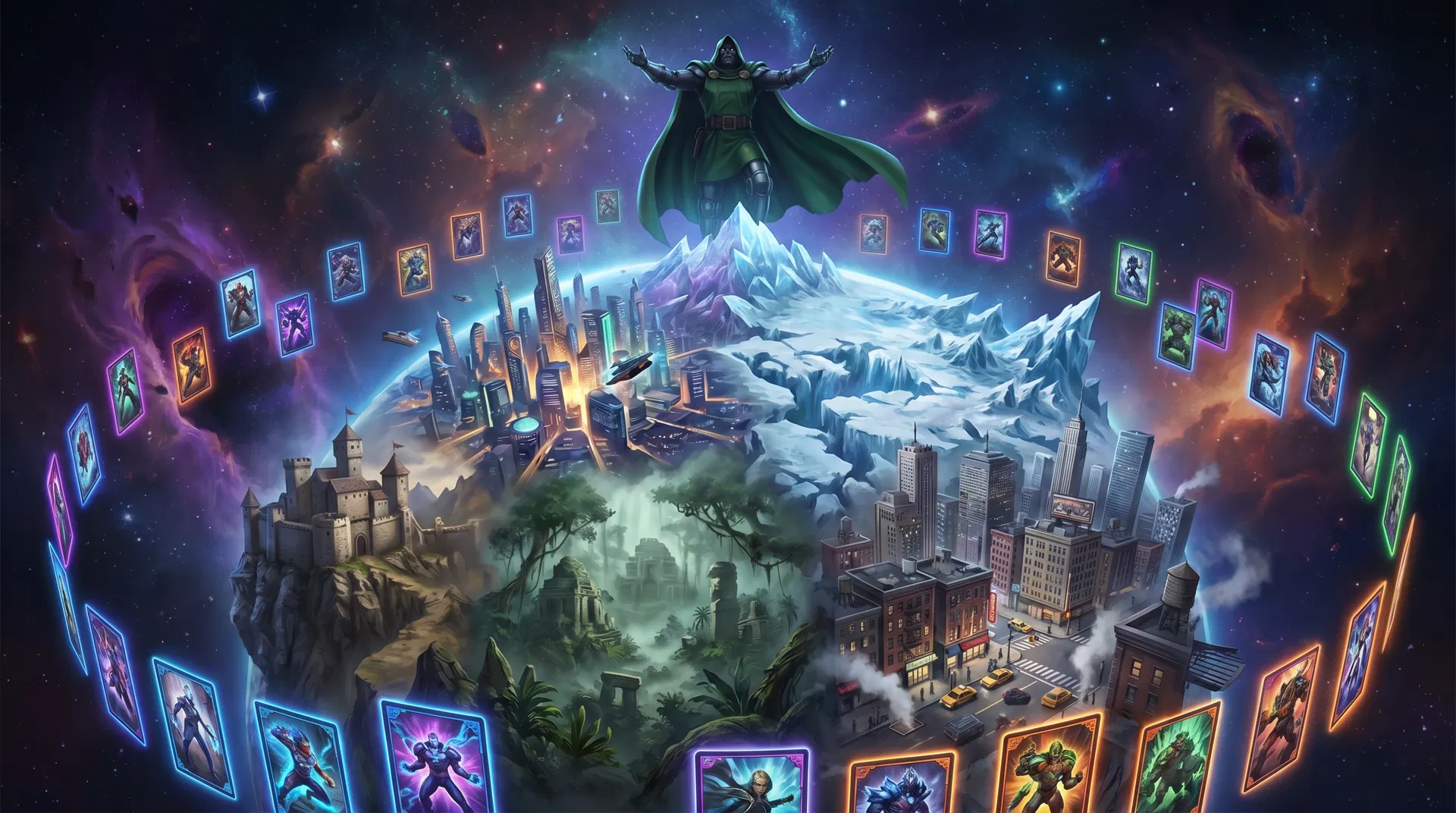 Battleworld concept showing a patchwork planet of different realities with trading cards orbiting around it