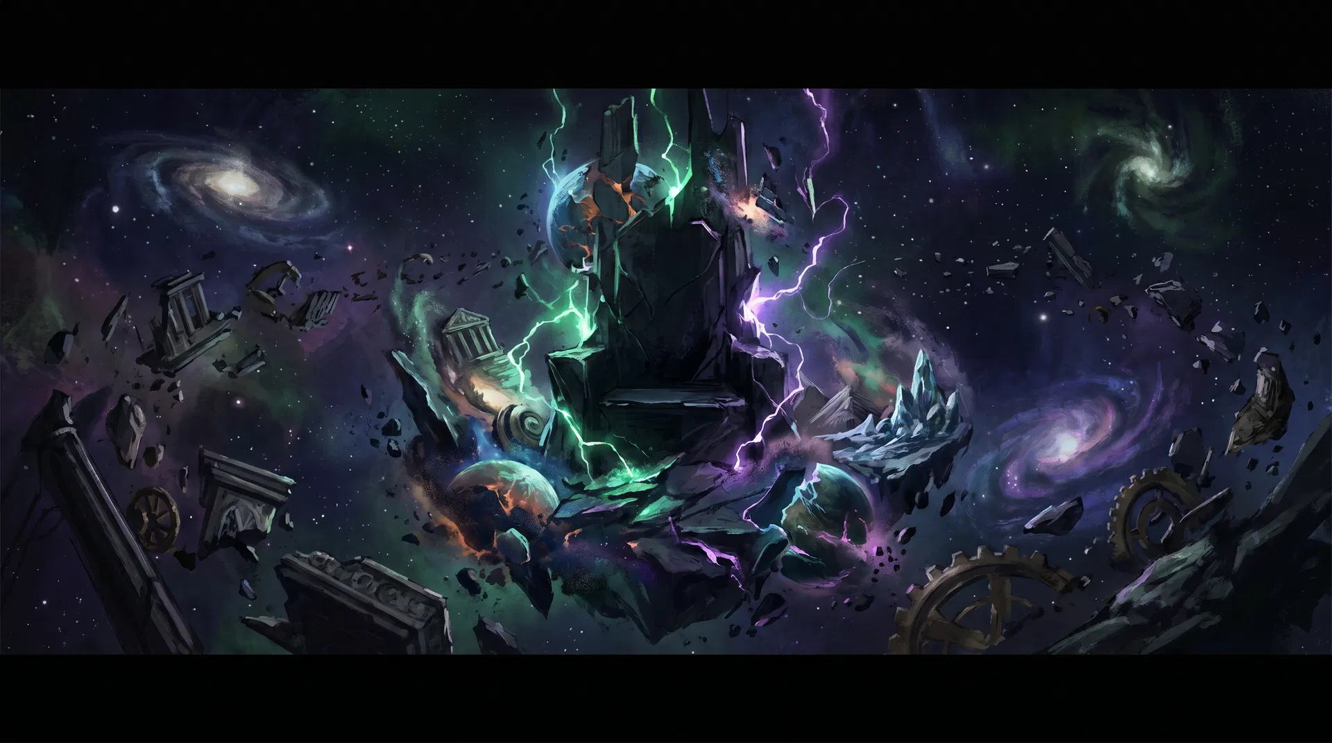 Cosmic throne made of shattered reality fragments floating in space
