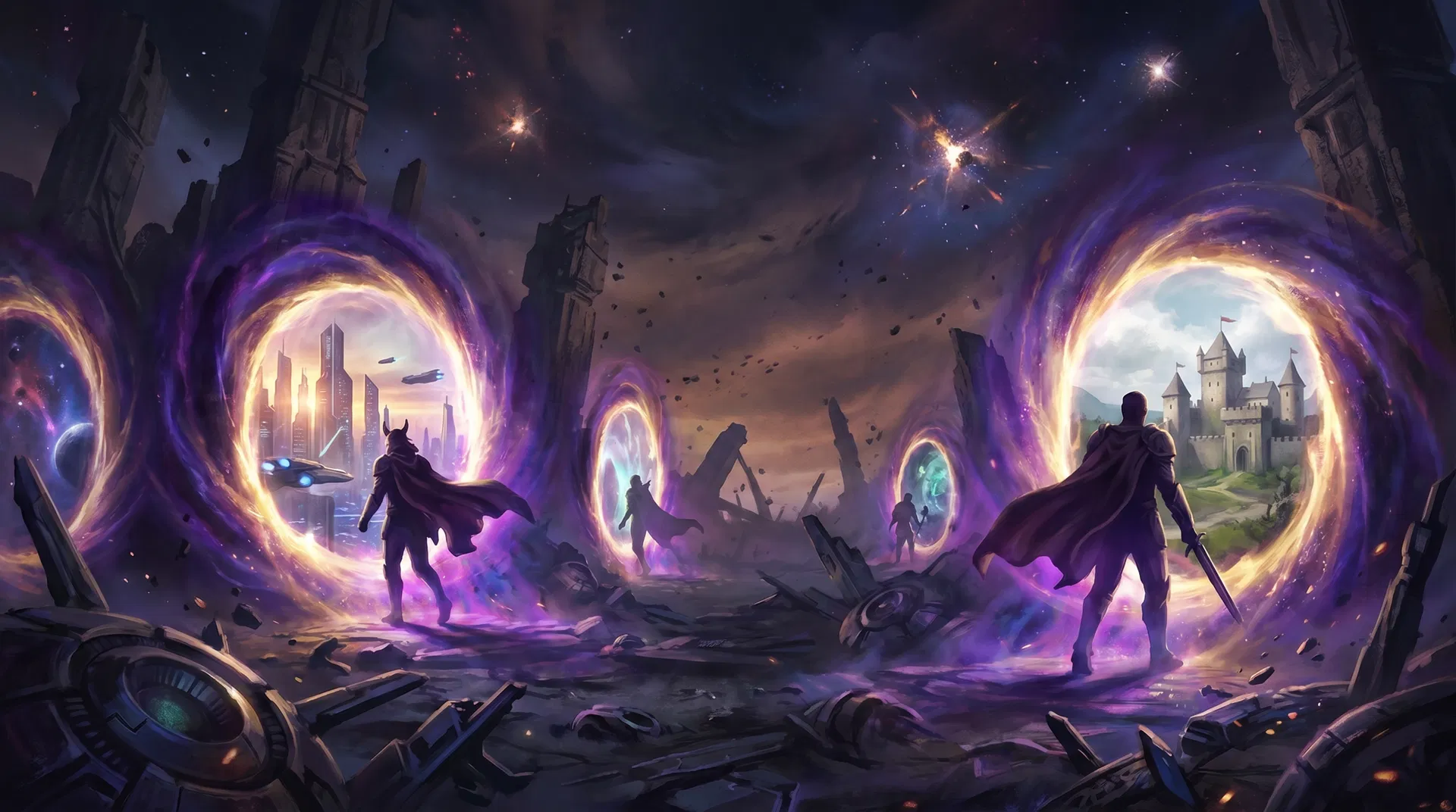 Dimensional portals opening across a cosmic battlefield with heroic silhouettes