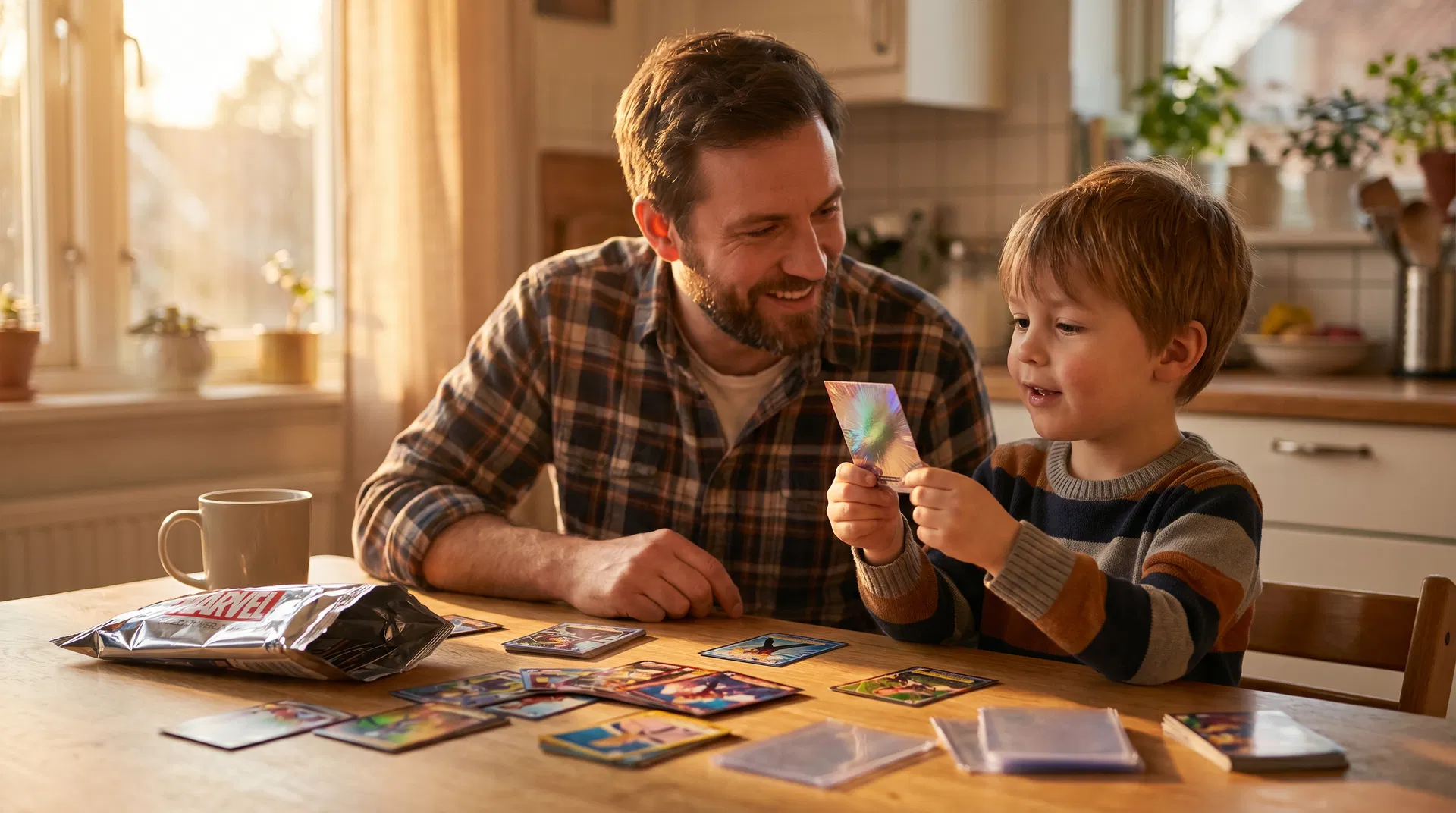 Father and son opening Marvel cards together