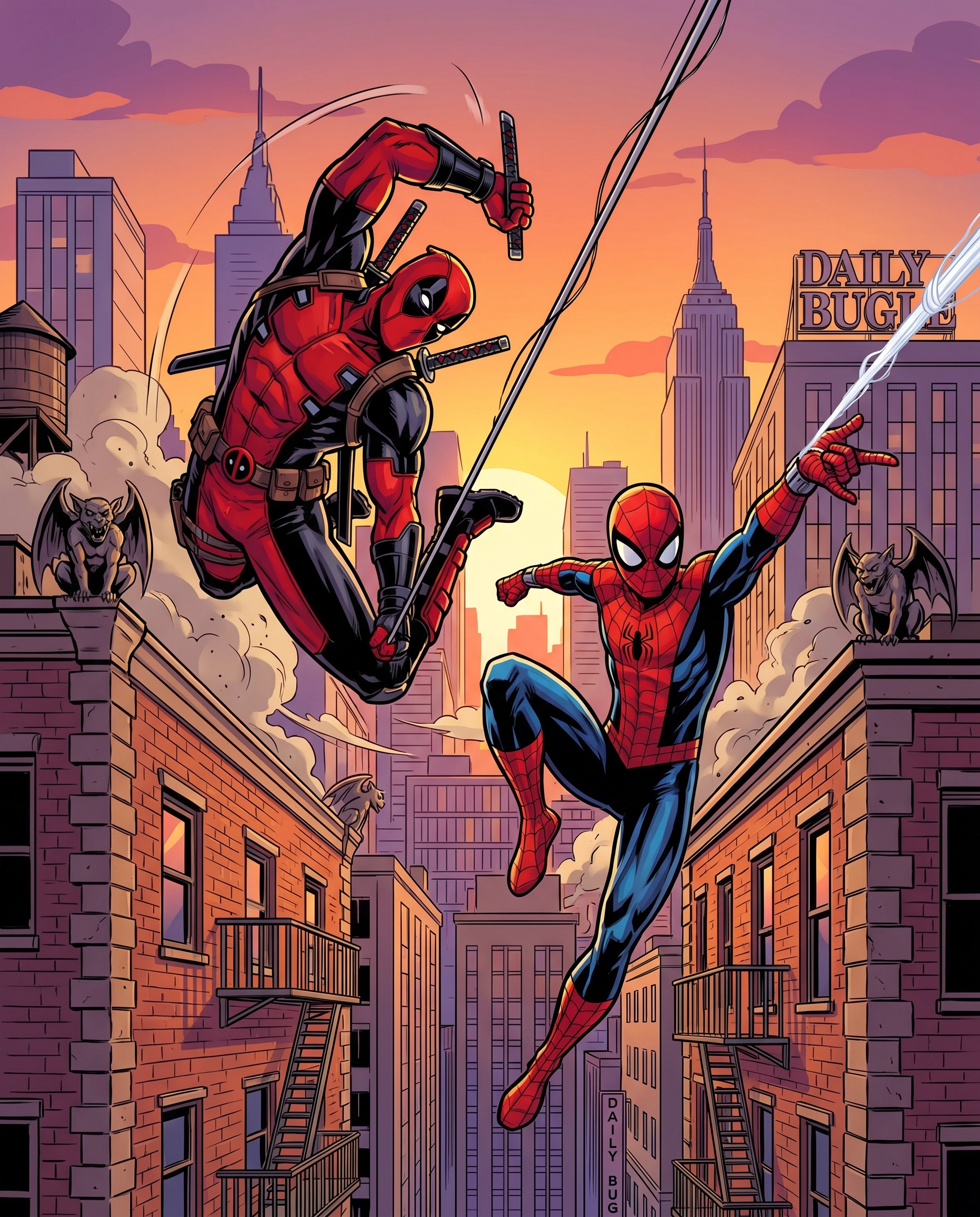 Deadpool and Spider-Man in an acrobatic battle across rooftops