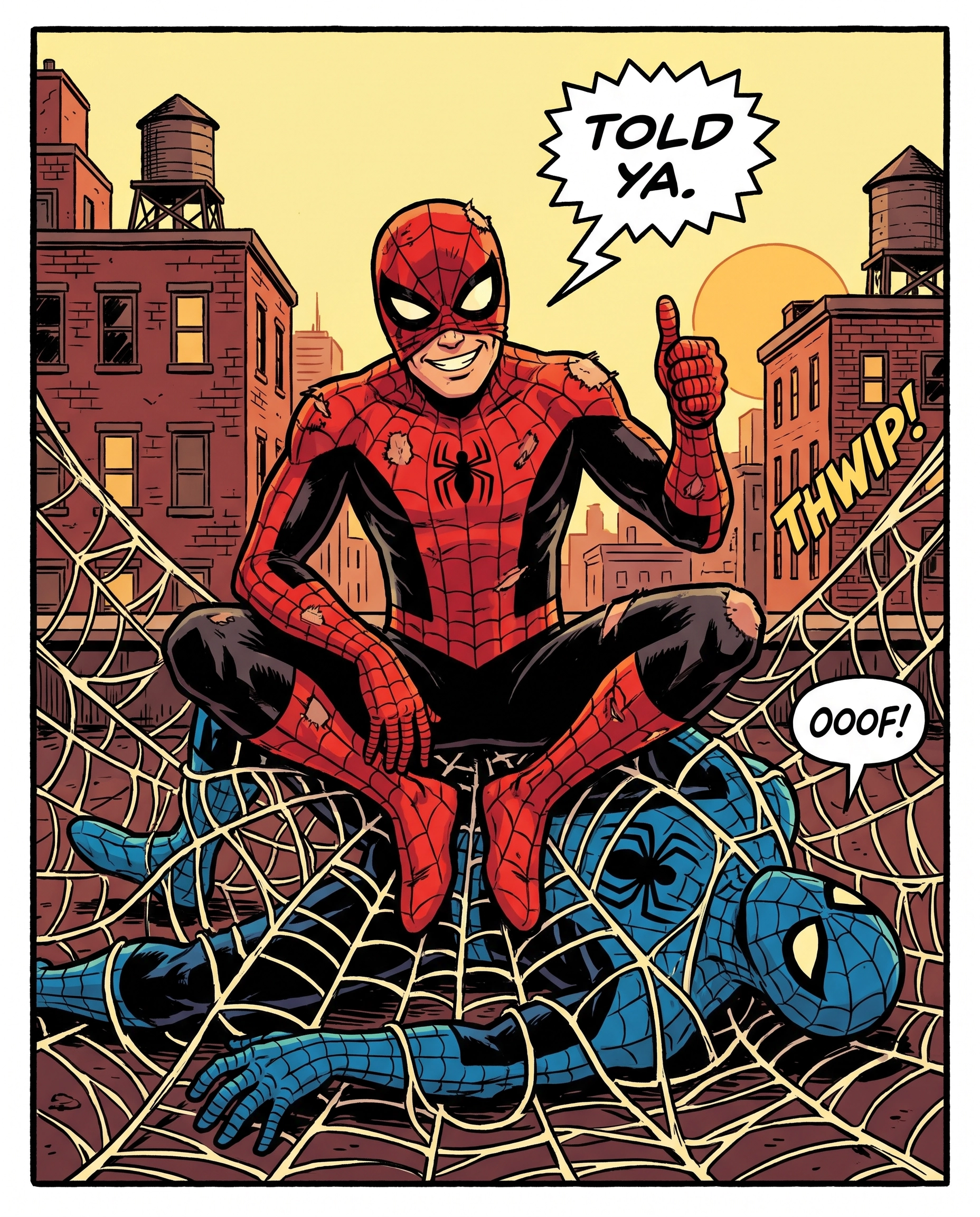 Spider-Man standing victorious with webs around him