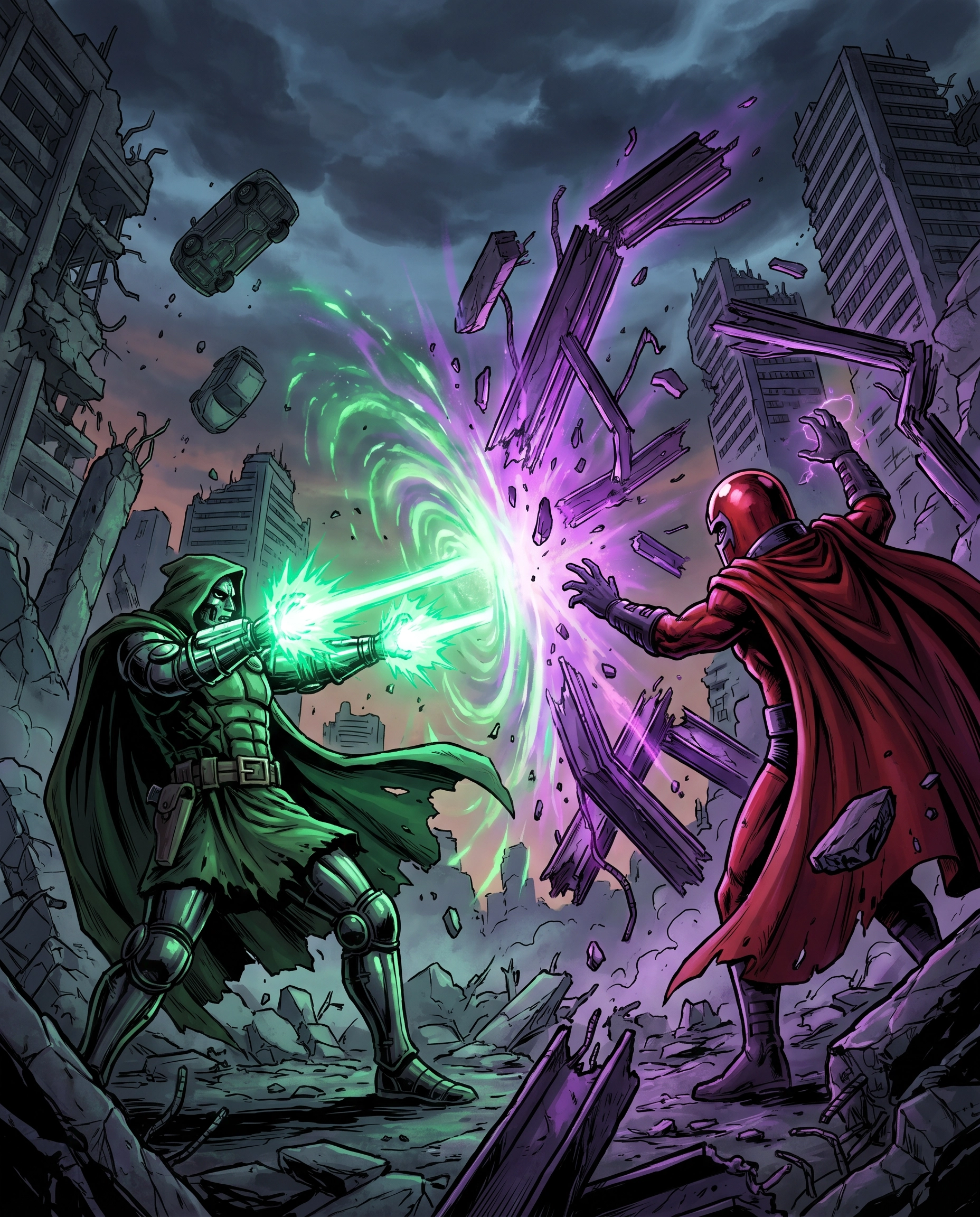 Doctor Doom and Magneto unleashing their powers against each other