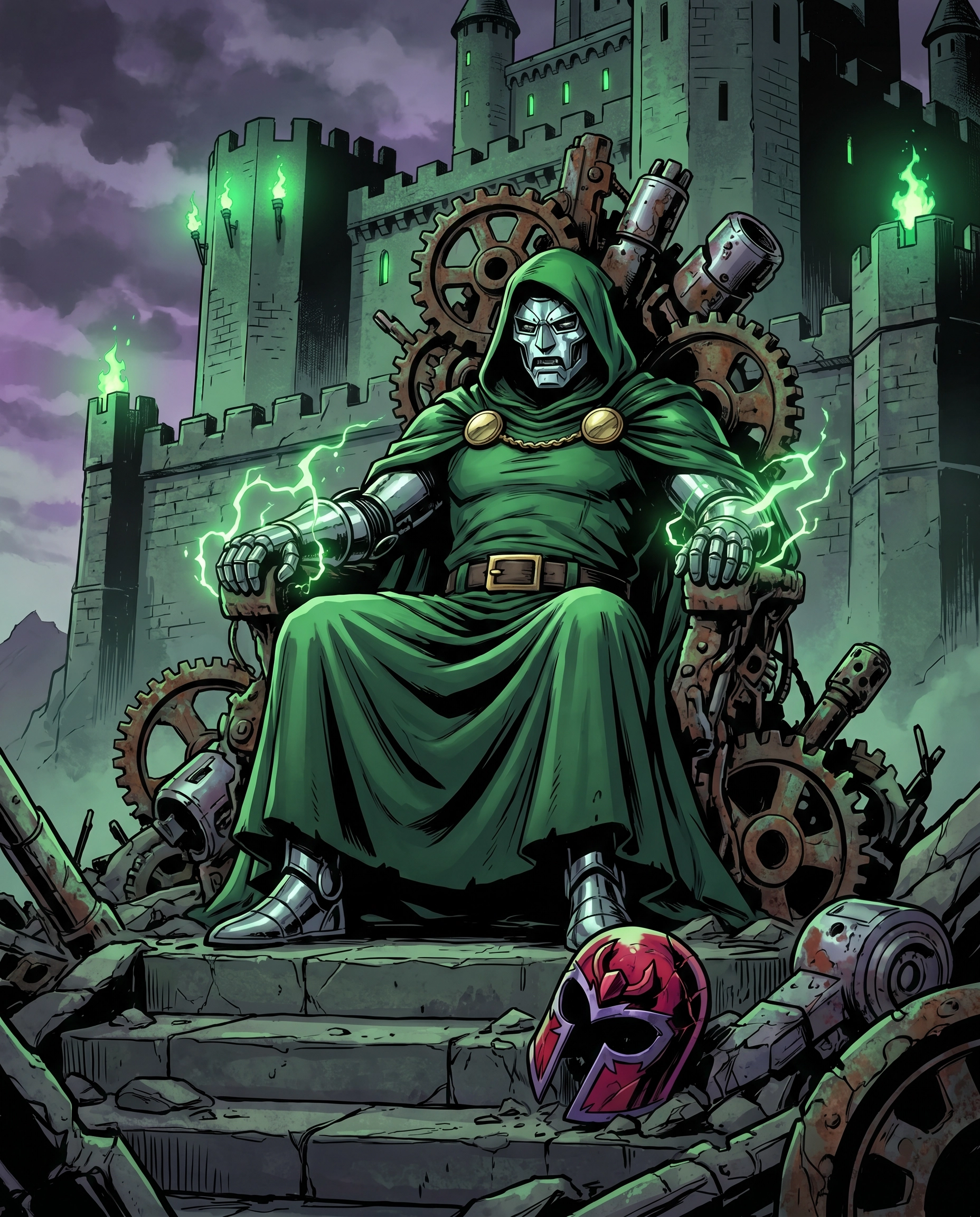 Doctor Doom standing triumphant surrounded by green mystical energy