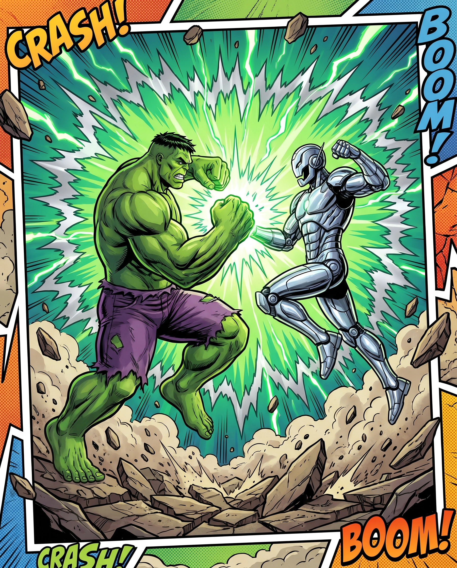 Hulk and Colossus colliding in a ground-shaking impact
