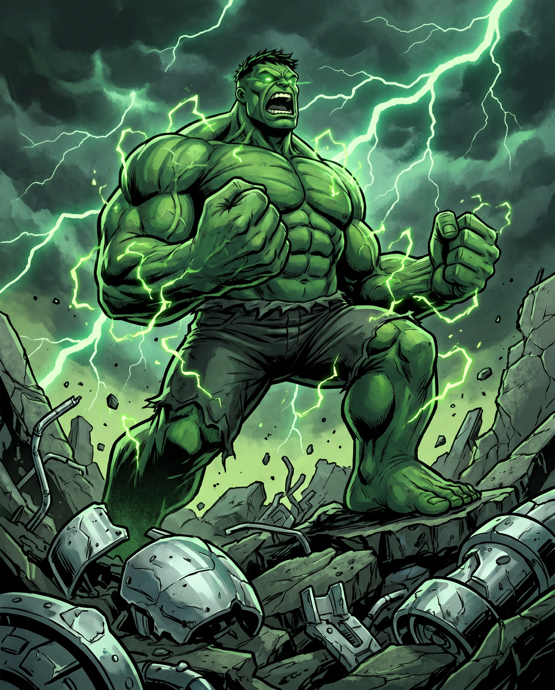 Hulk standing triumphant with green energy radiating