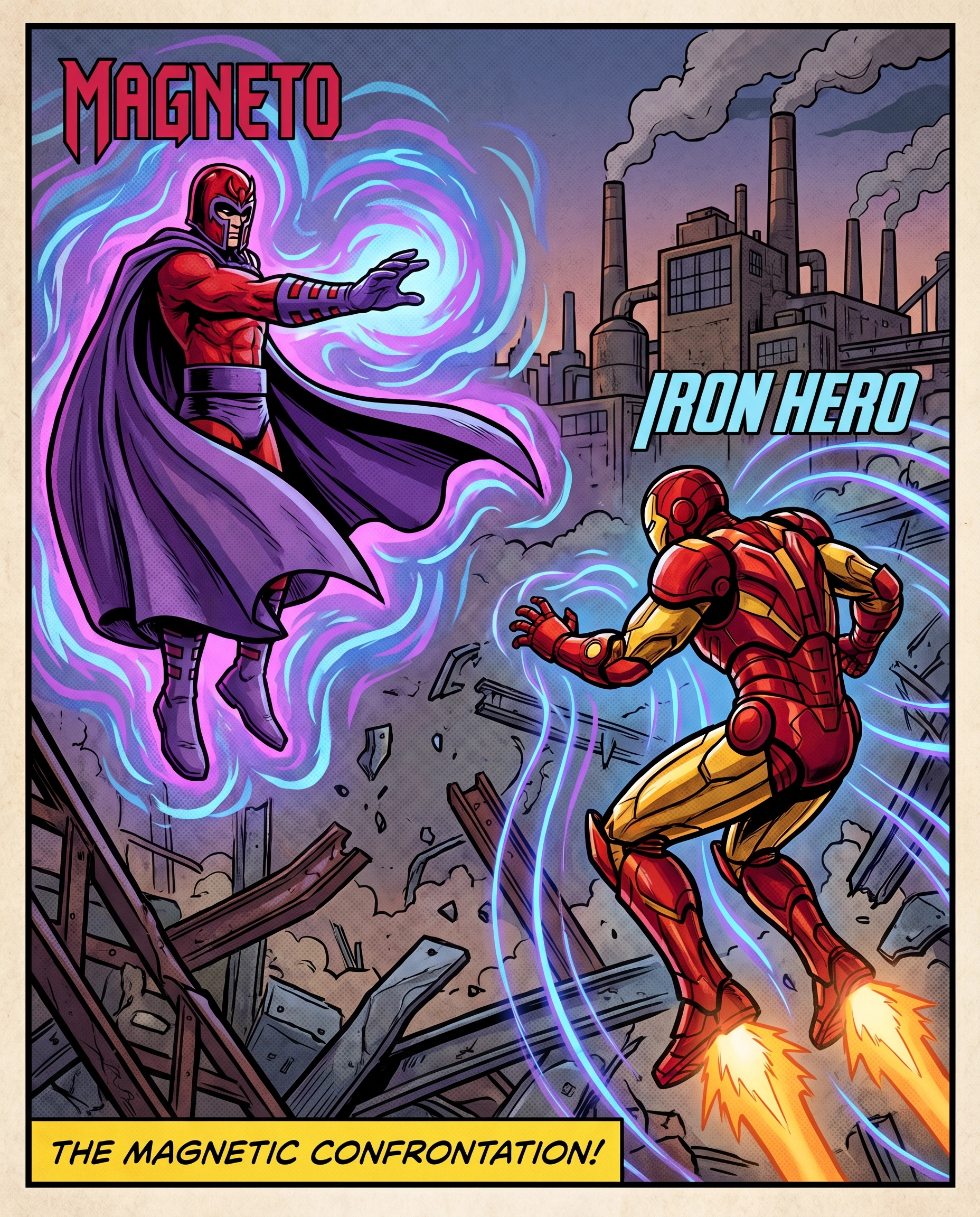 Magneto using magnetic powers against Iron Man's armor