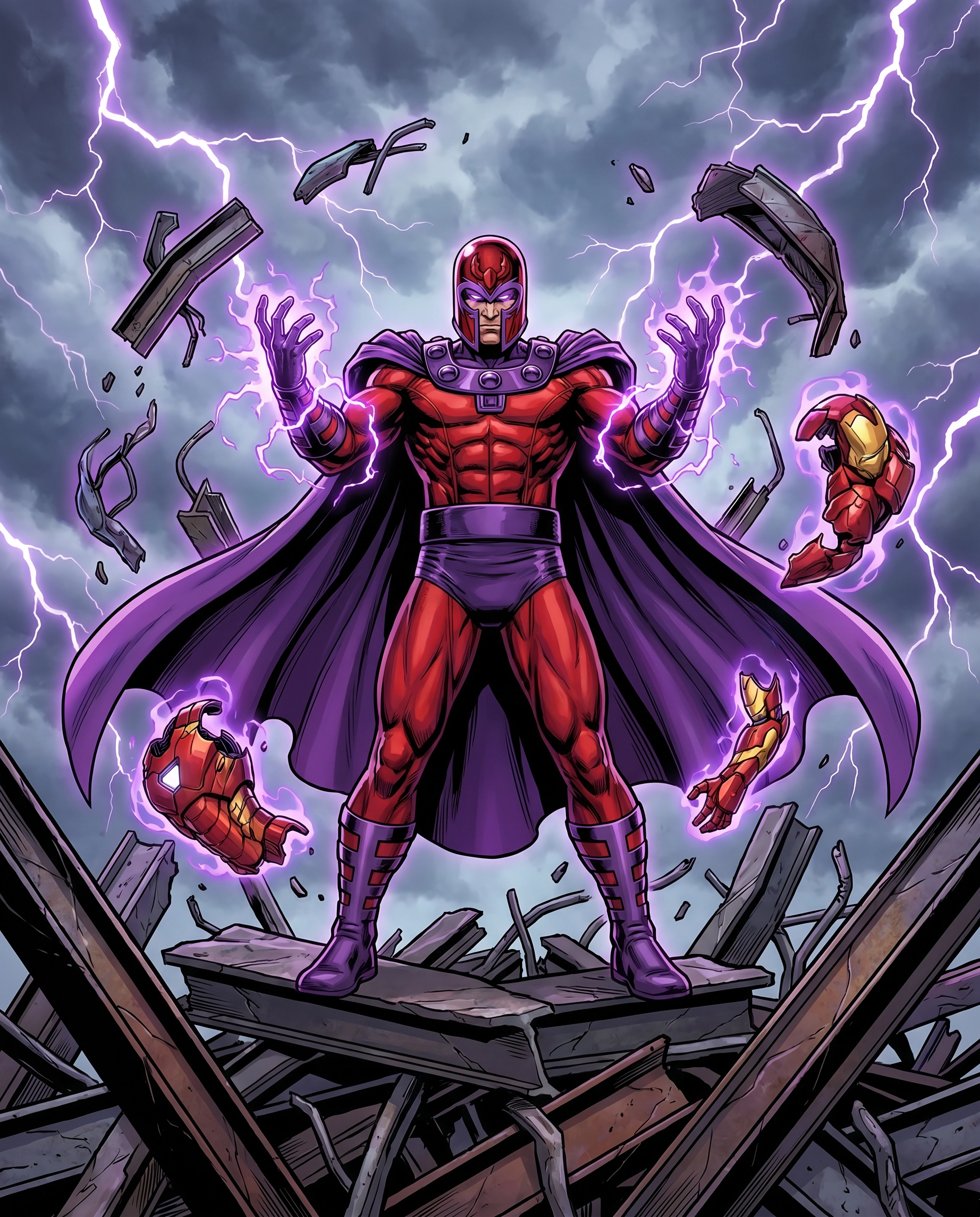 Magneto standing victorious surrounded by twisted metal