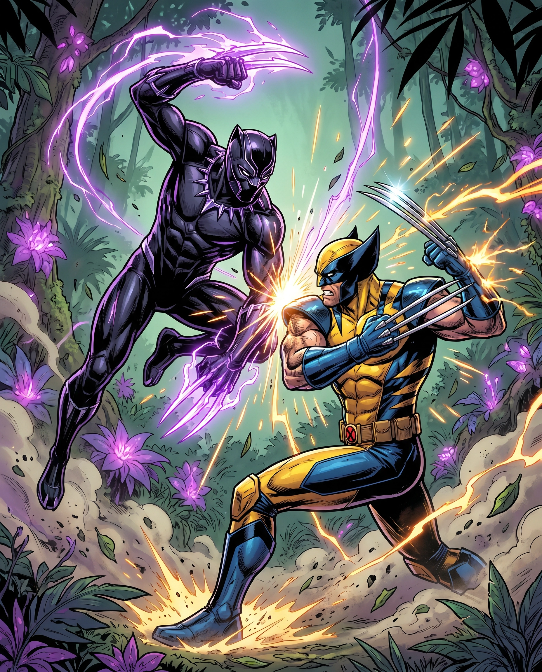 Black Panther and Wolverine clashing in combat