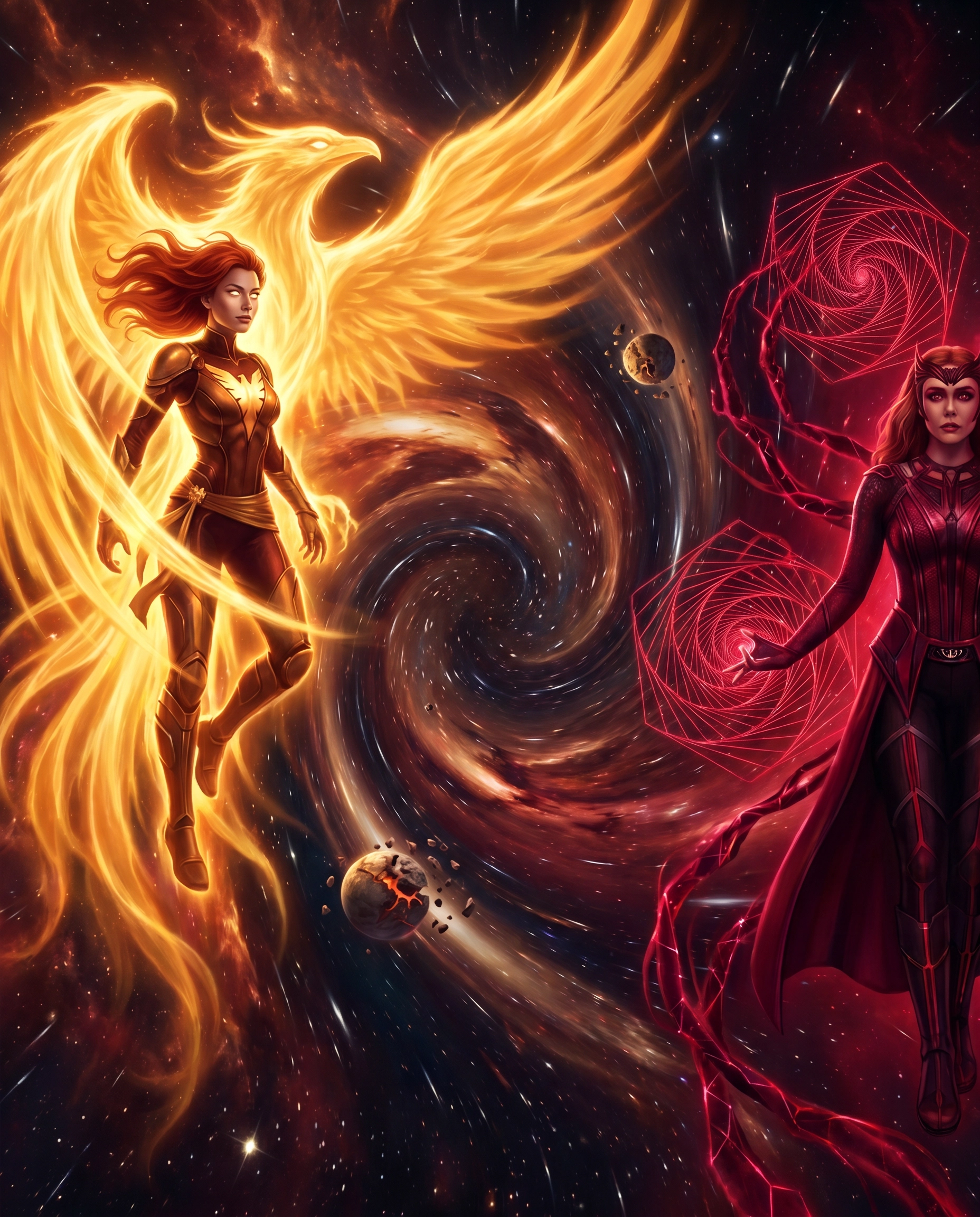 Phoenix and Scarlet Witch unleashing cosmic powers against each other