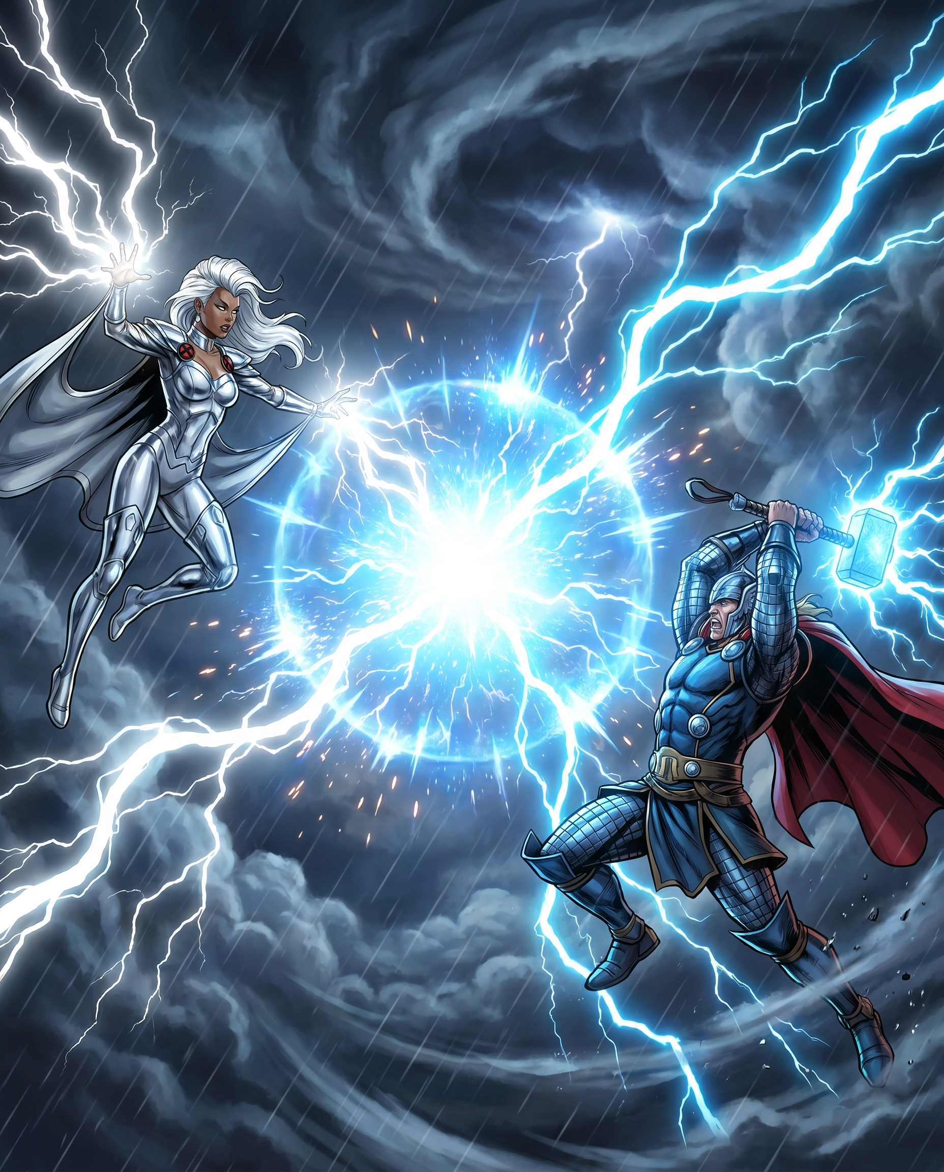 Storm and Thor unleashing lightning against each other in the sky