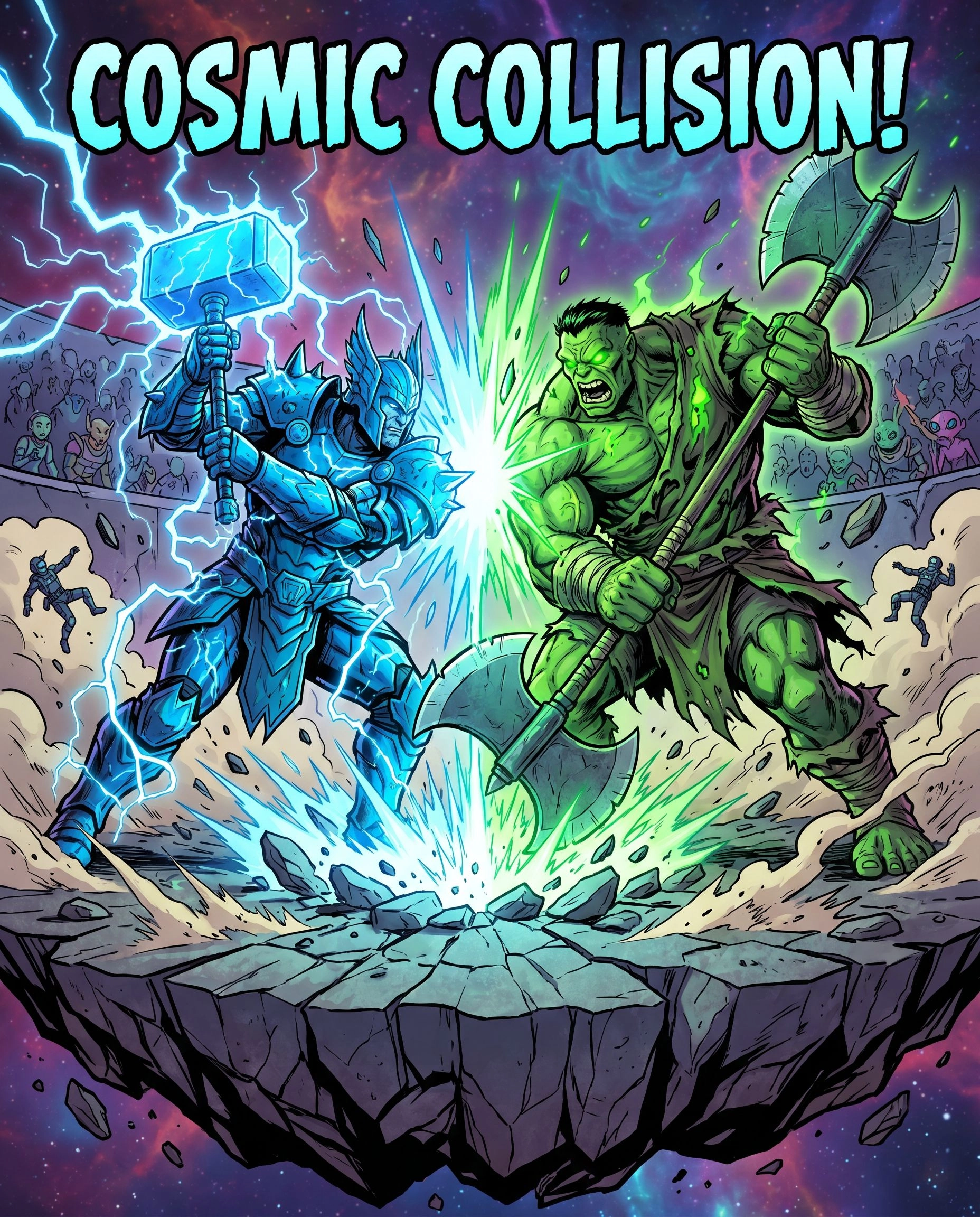 Thor and Hulk clashing in an epic gladiator-style battle