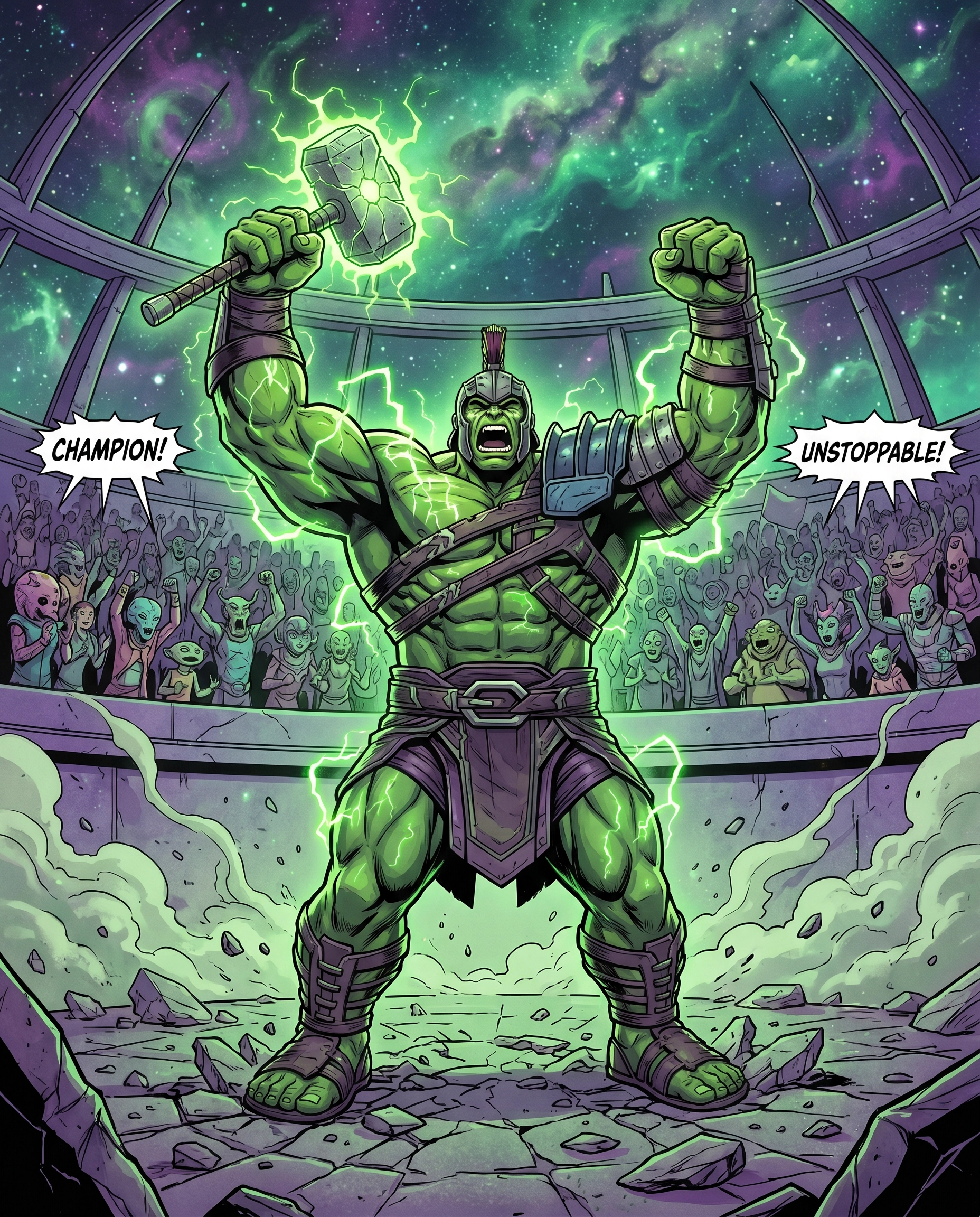 Thor standing triumphant with lightning crackling around Mjolnir