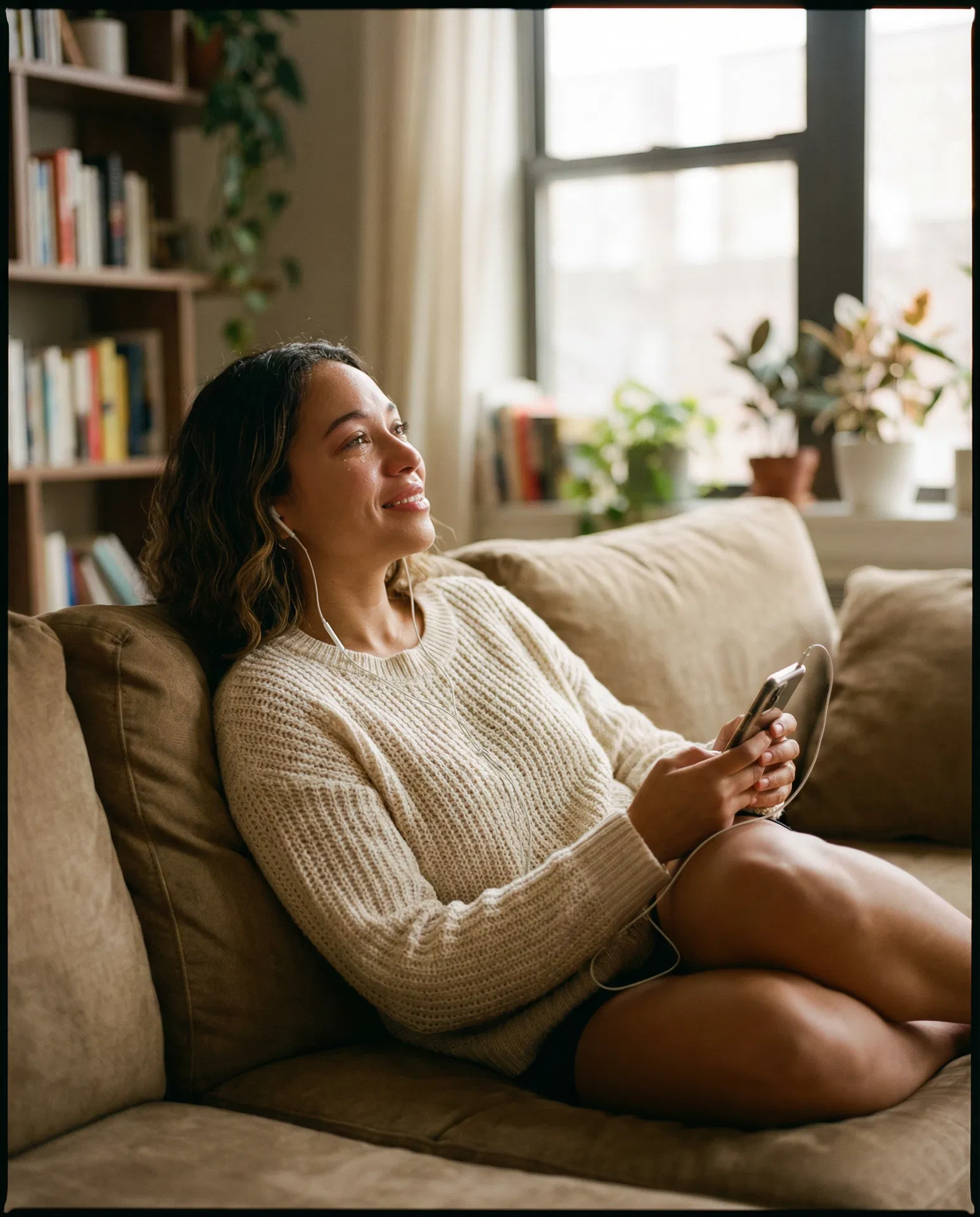A young woman on her couch, emotionally moved while listening to a family story on her phone