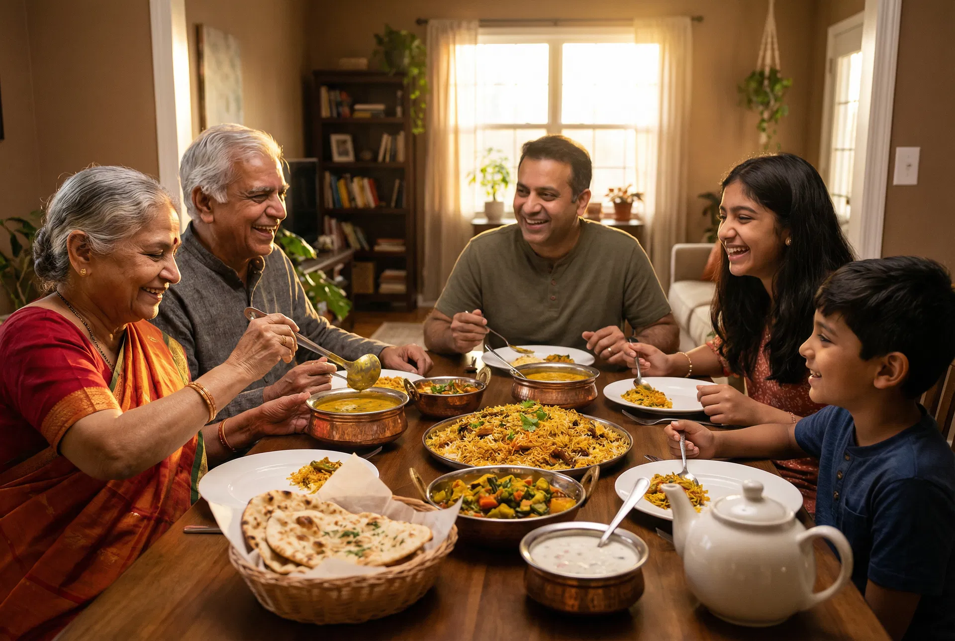 A diverse multigenerational family gathered around a dinner table, laughing and sharing food together