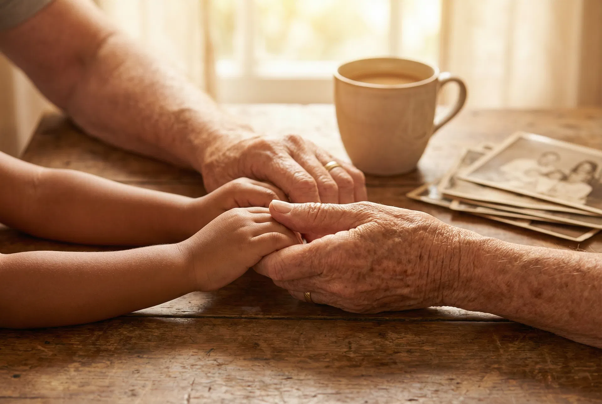 A grandparent's weathered hands gently holding a grandchild's small hands across a table with old photographs