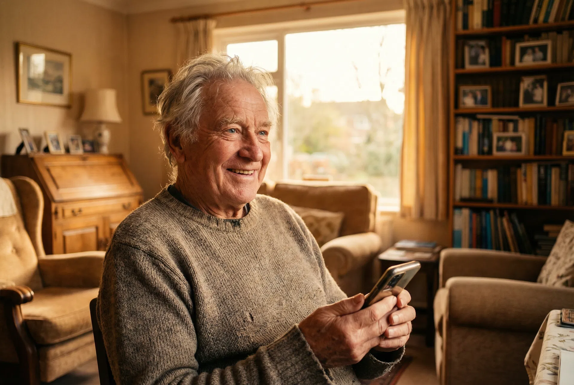 A grandfather smiling warmly while reading a message on his phone in a sunlit living room