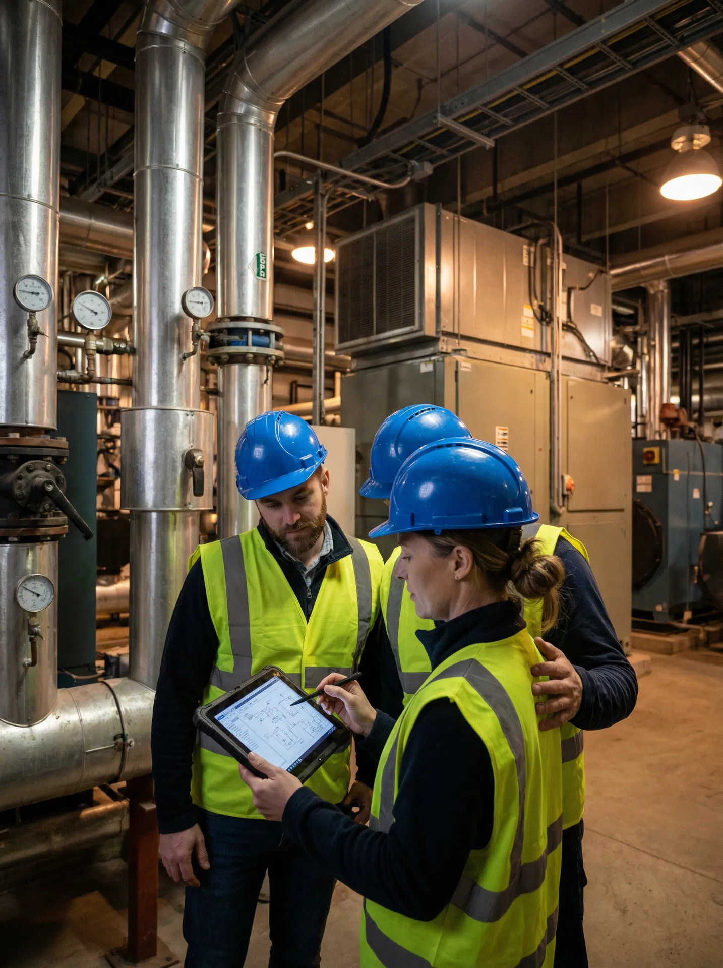 HVAC professionals reviewing work on a tablet in a mechanical room