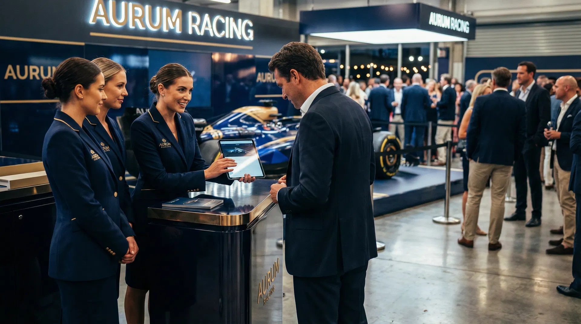TLC Models brand ambassadors in navy blazers engaging VIP guests at an F1 brand activation booth with a race car on display