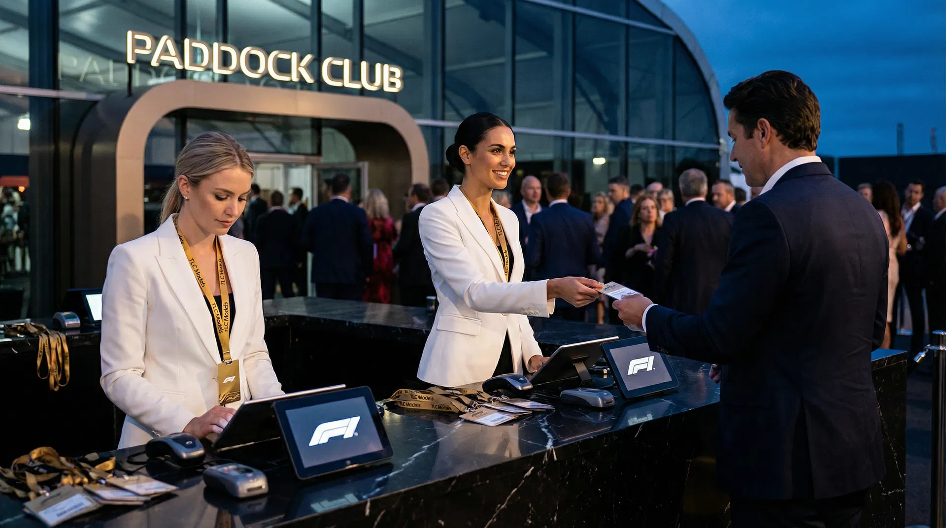 TLC Models credential registration staff in white blazers at an F1 Paddock Club entry desk handing credentials to a VIP guest