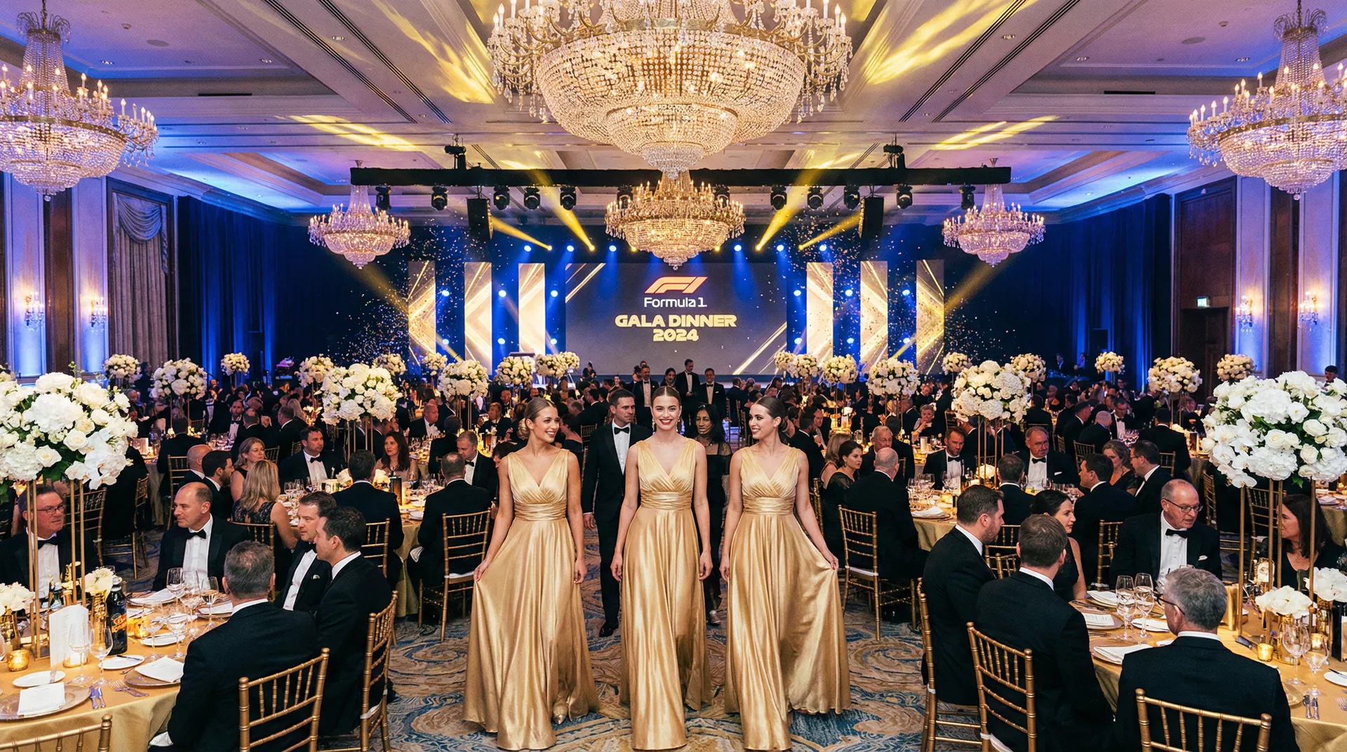 TLC Models hostesses in gold evening gowns guiding guests at an opulent Formula 1 official gala dinner with crystal chandeliers