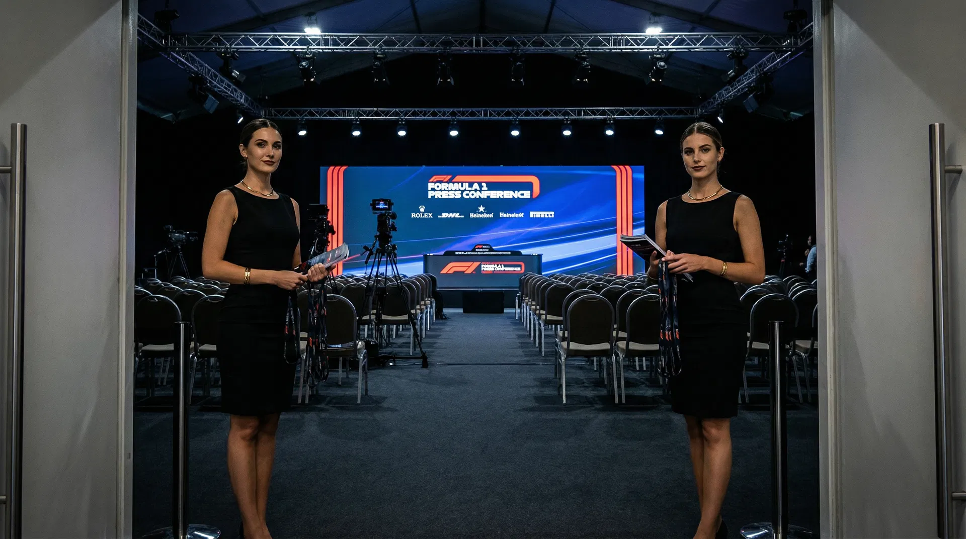 TLC Models press conference hostesses in black dresses flanking the entrance to an official Formula 1 press conference room