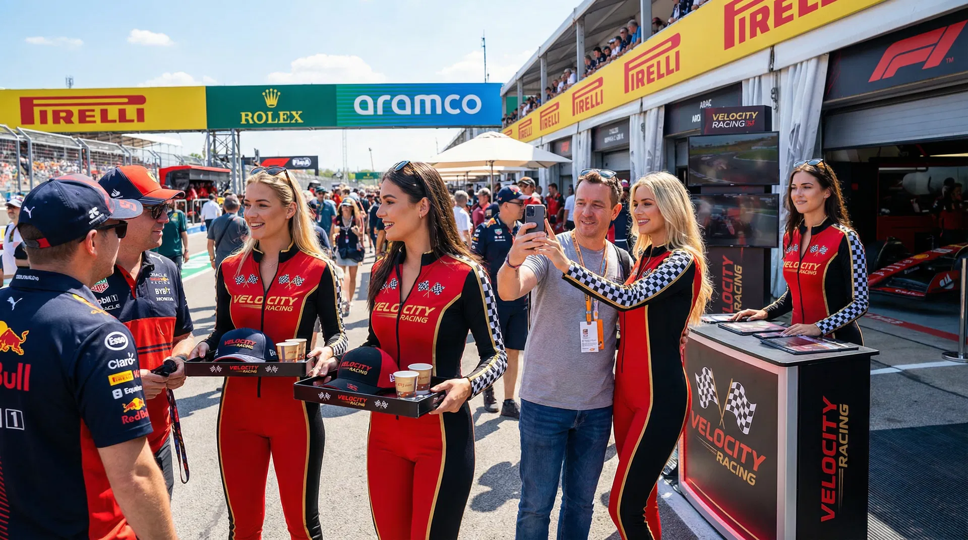 TLC Models promotional models in branded race uniforms engaging fans and distributing merchandise at an F1 paddock activation zone