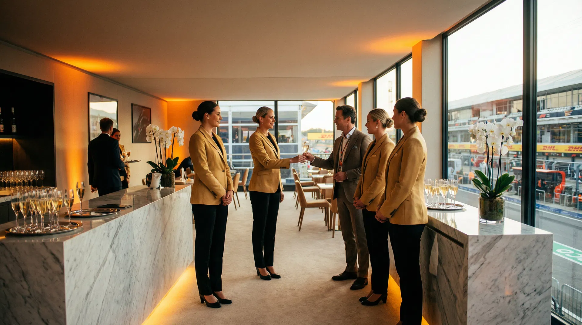 TLC Models VIP hospitality hostesses in gold blazers serving champagne in an F1 Paddock Club suite overlooking the pit lane
