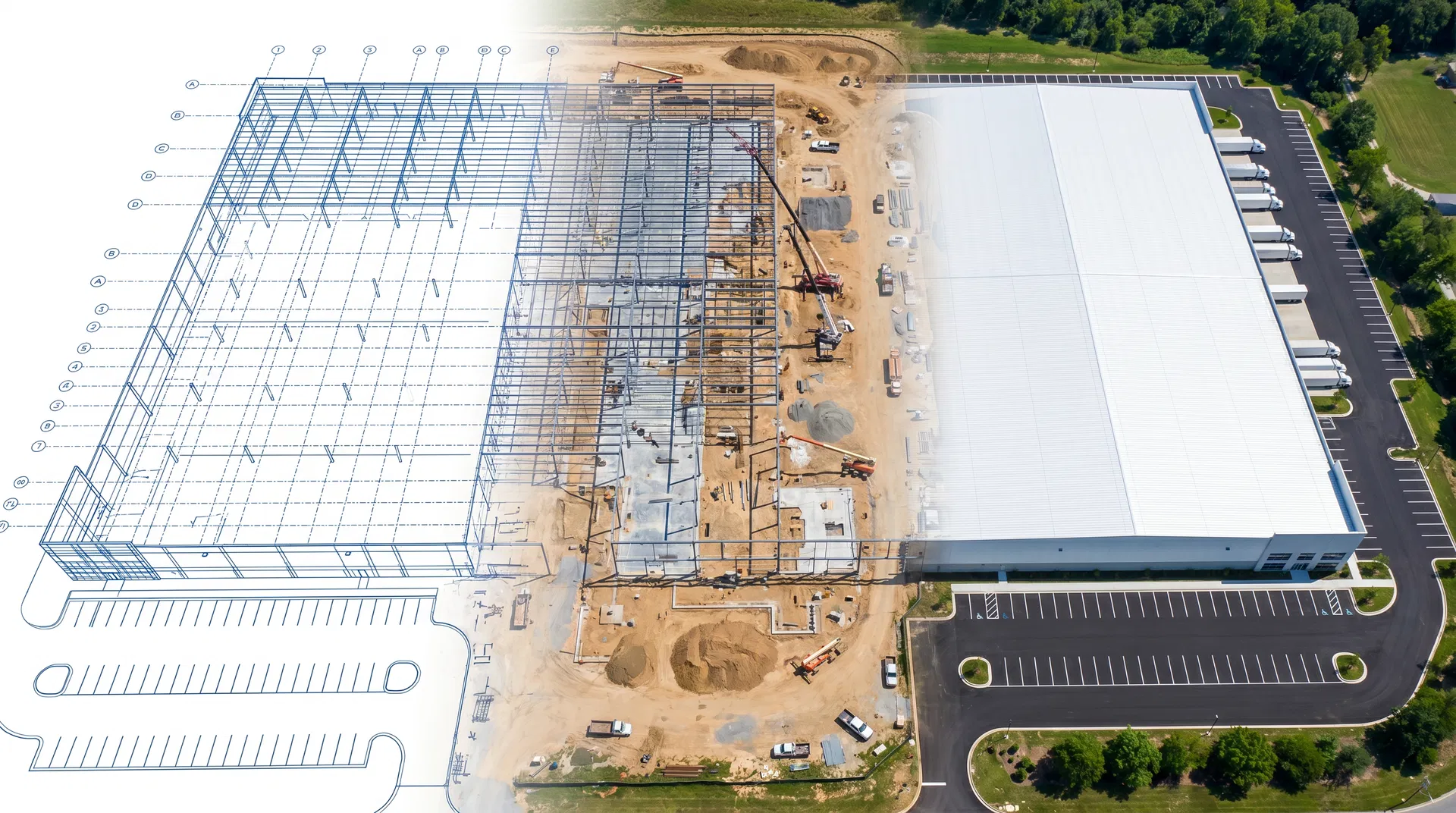 Aerial warehouse phasing from blueprint to construction to finished