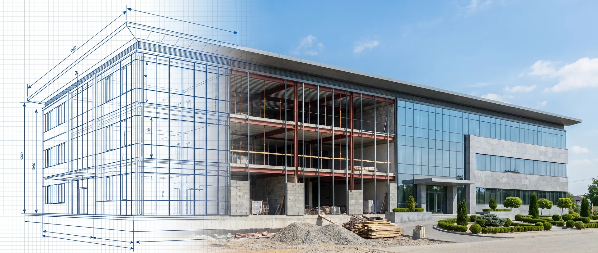 Commercial building phasing from blueprint to construction to finished