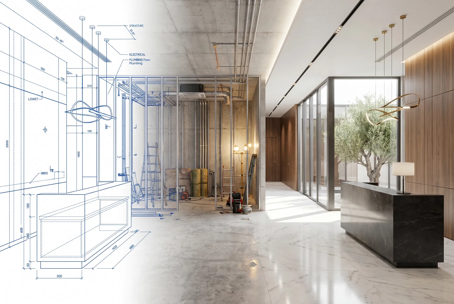 Interior reception phasing from blueprint to construction to finished