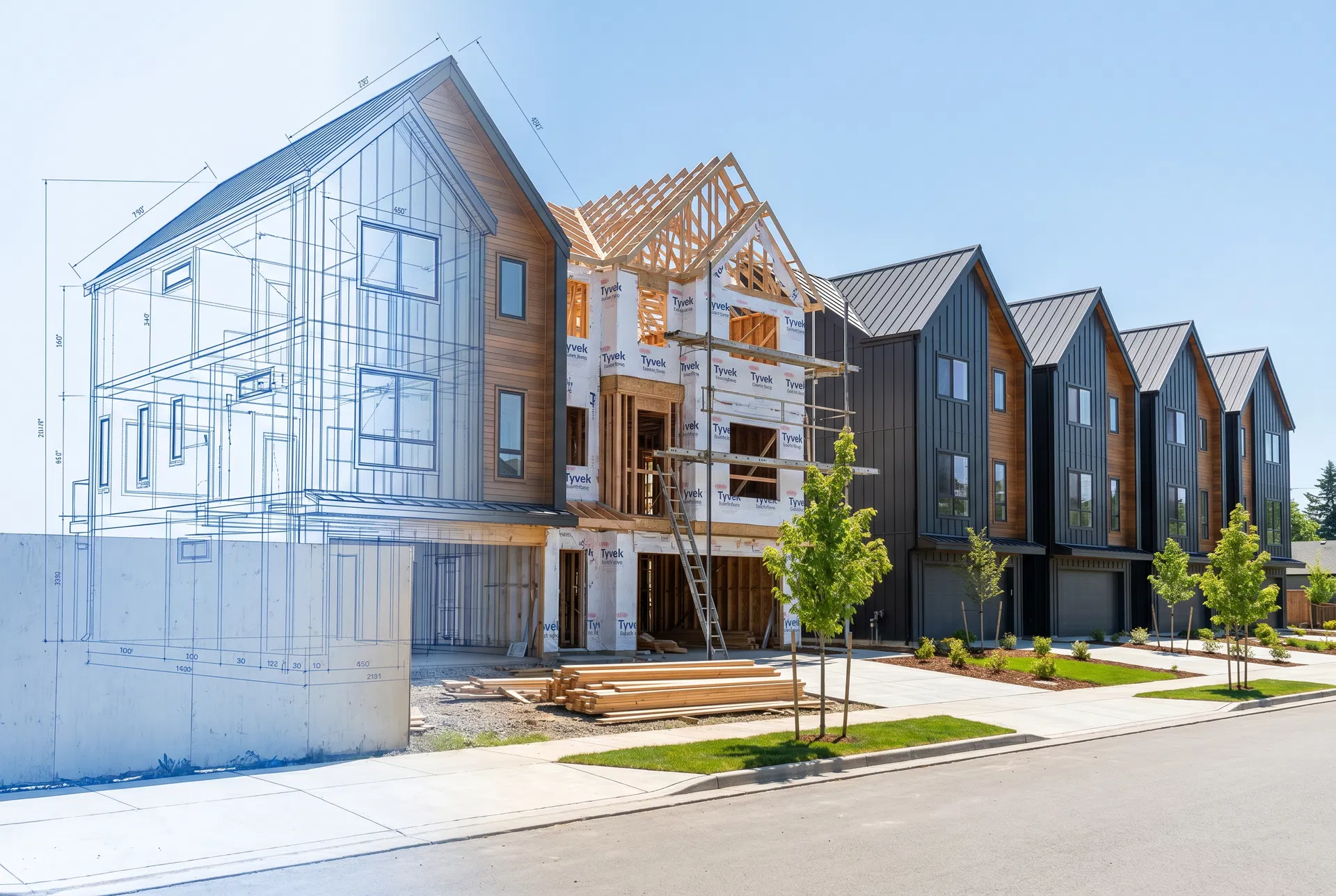 Townhomes phasing from blueprint to construction to finished