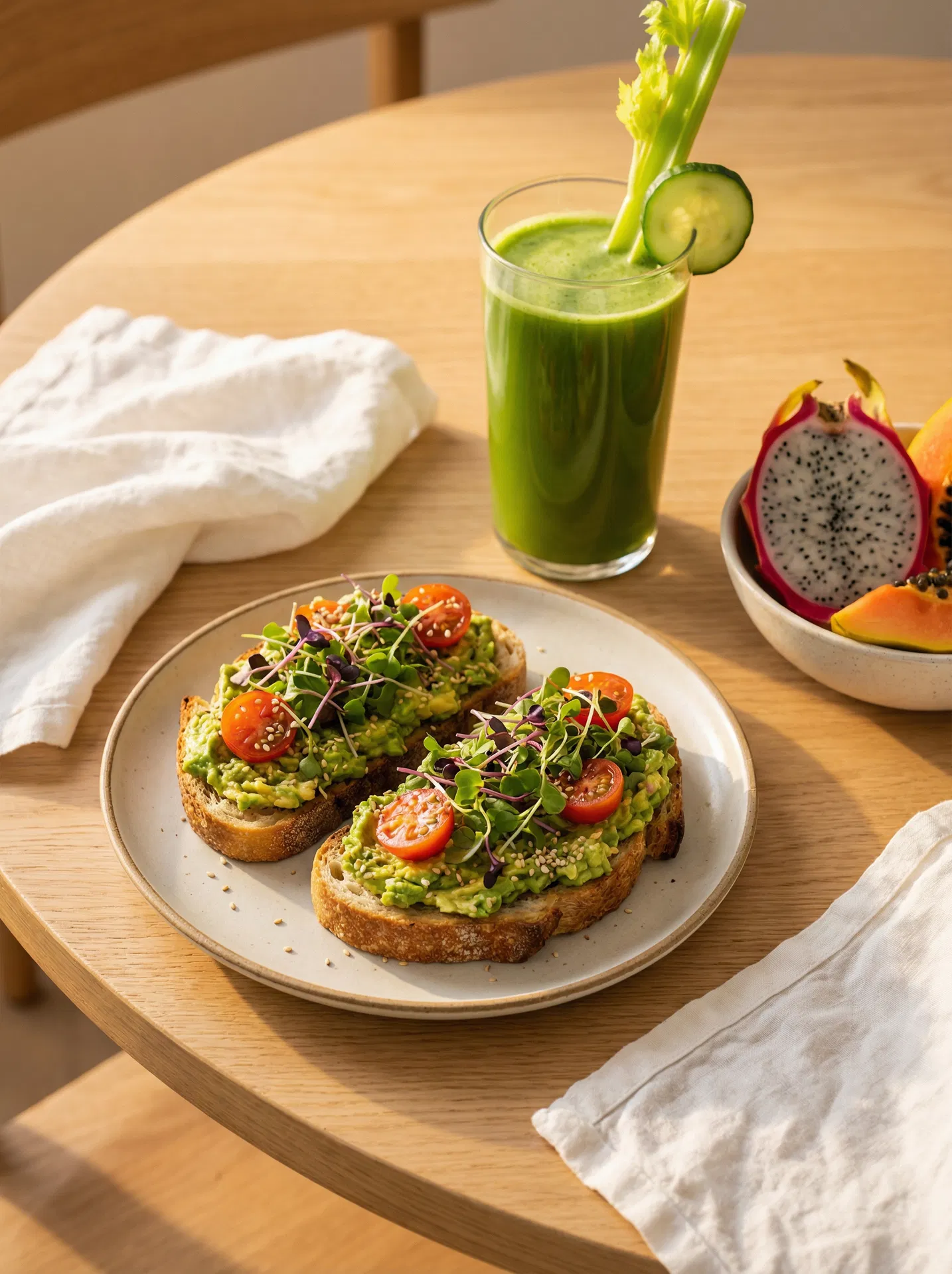 Avocado toast with green juice and tropical fruit