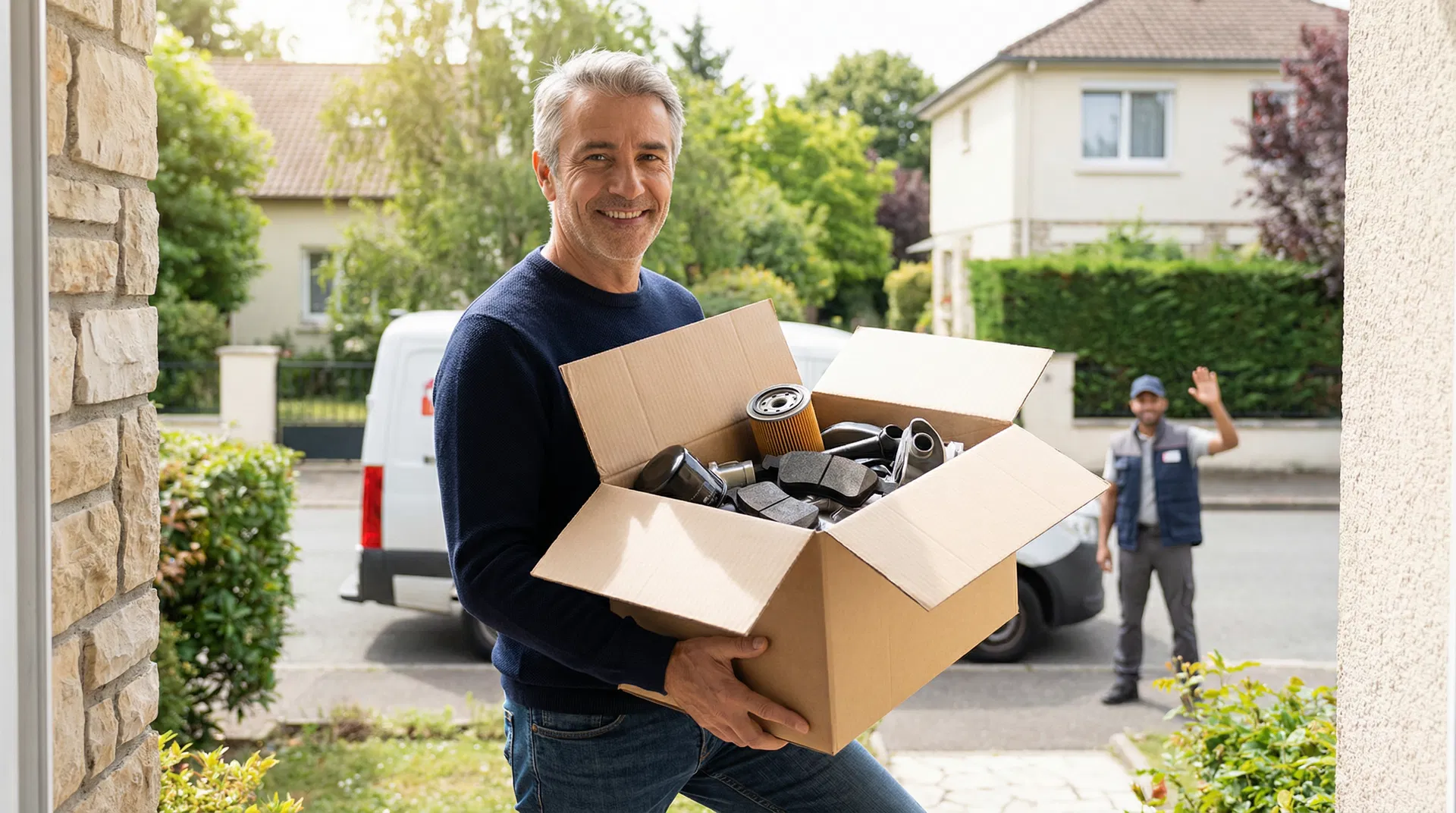 Client satisfait recevant sa commande de pièces auto LPAO
