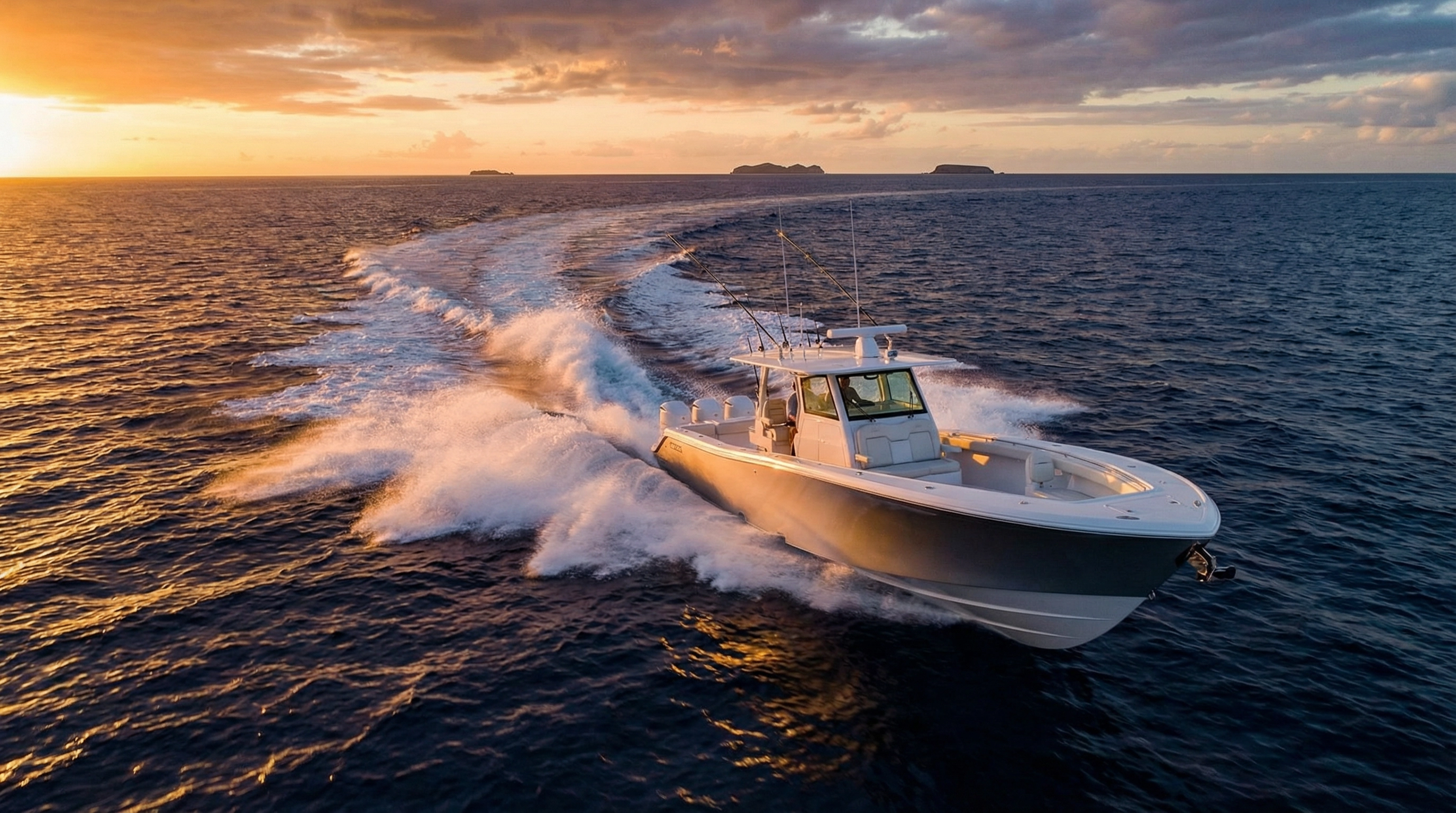 Luxury boat cutting through ocean water