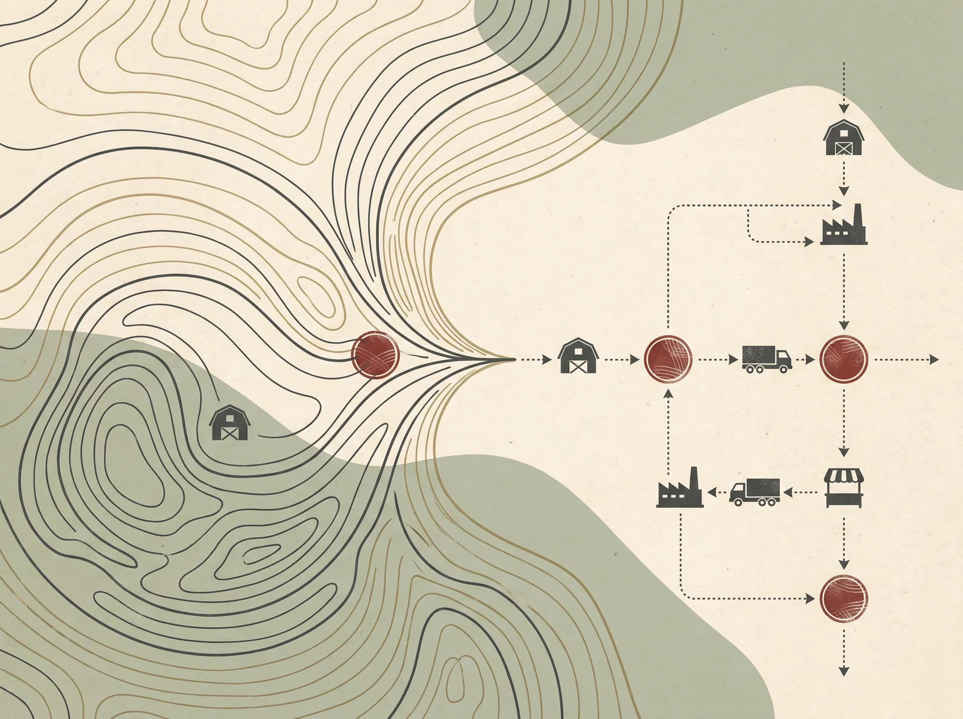 Abstract supply chain and pasture contour map illustration