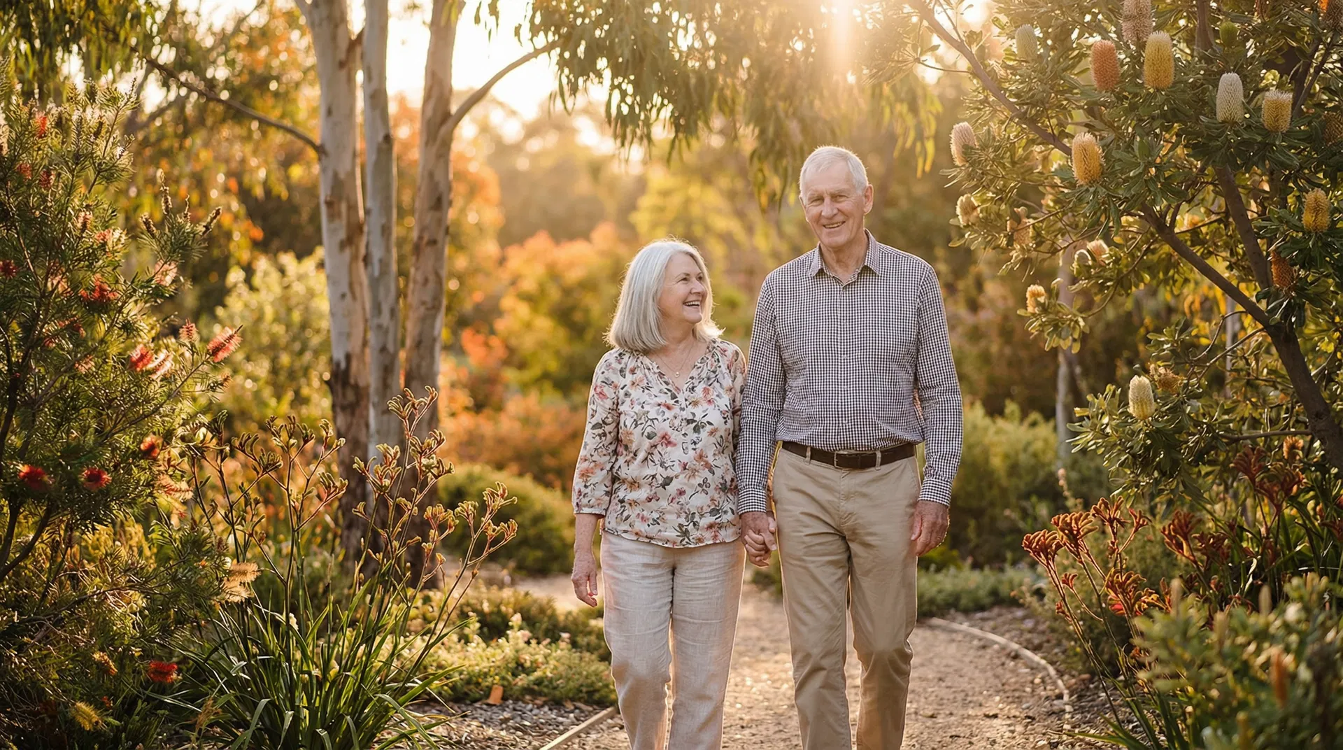 Happy elderly Australian couple walking through a sunlit garden