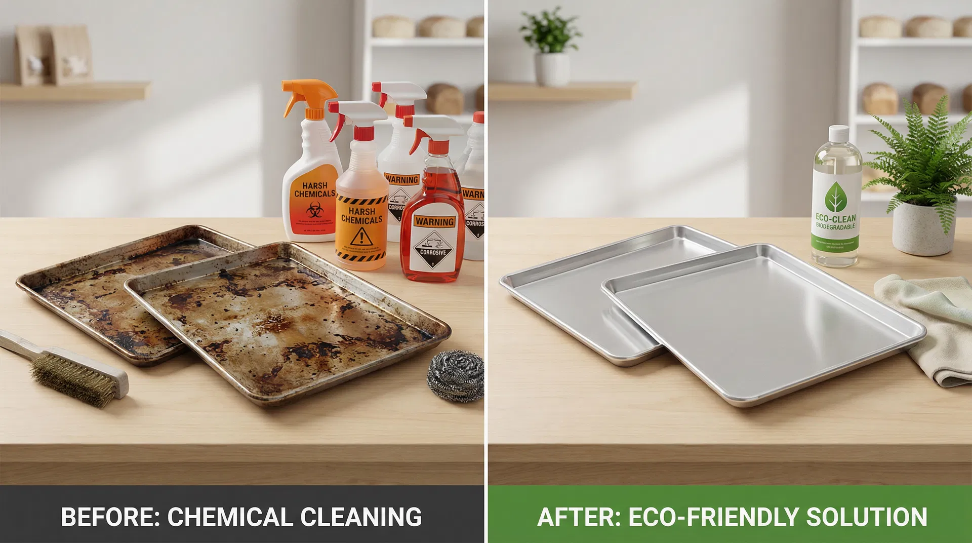 Vergelijking tussen agressieve chemische reiniging en duurzame eco-vriendelijke reiniging van bakblikken