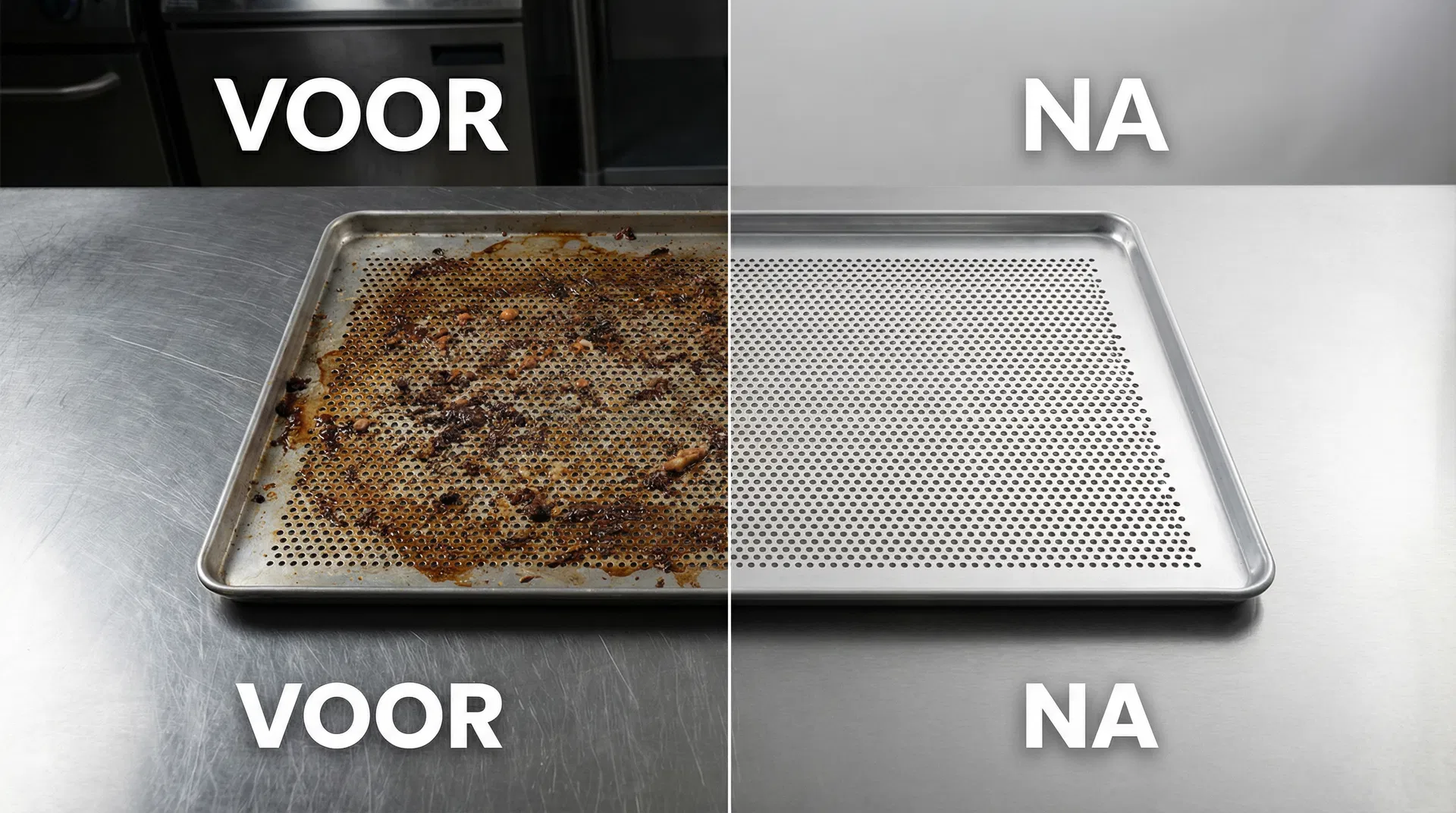 Voor en na: geperforeerde bakplaat met ingebrand vuil links, en dezelfde plaat perfect schoon rechts na reiniging met de Alustar