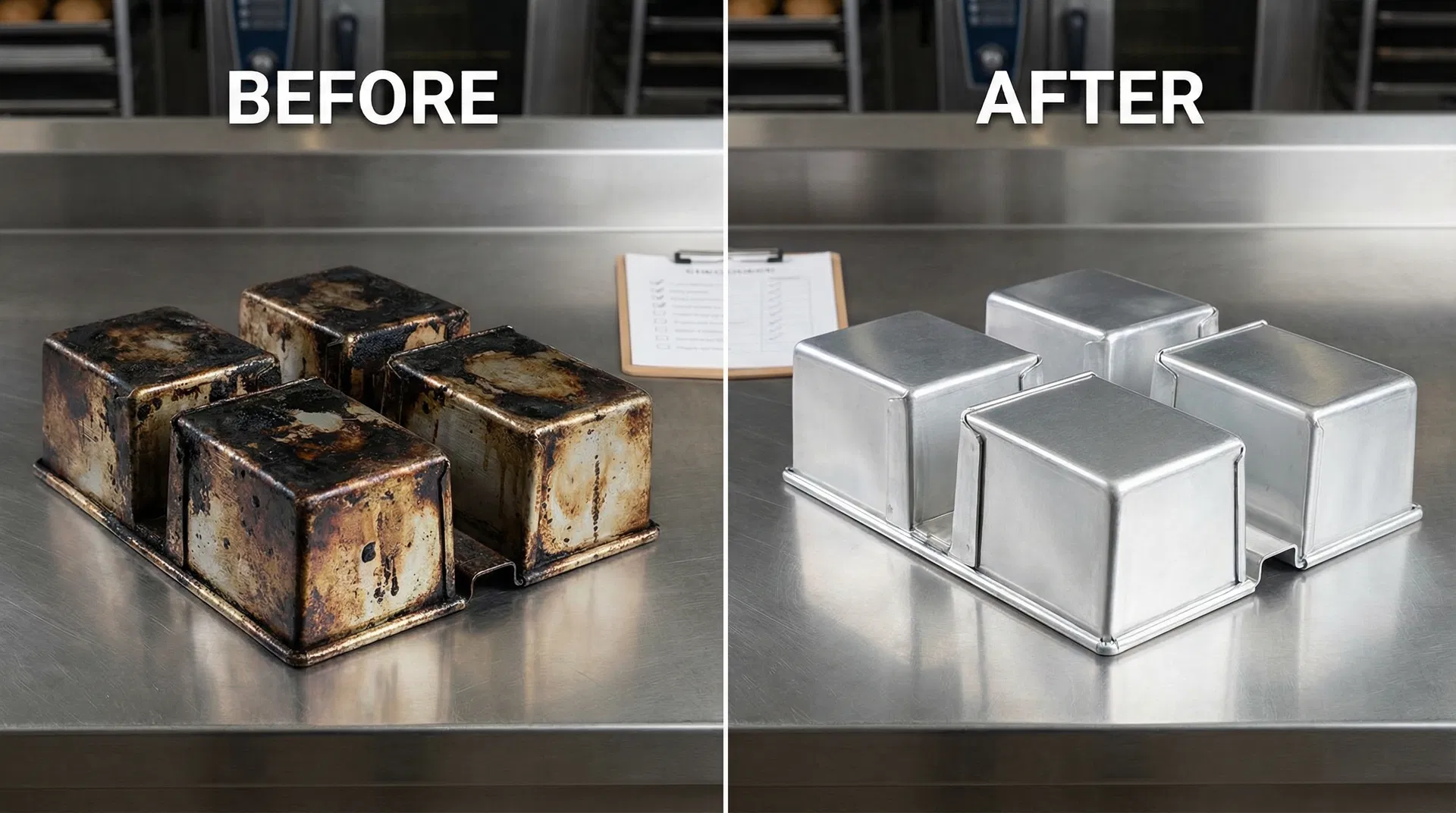 Voor en na reiniging van broodvormen voor HACCP-inspectie - links vuile broodvormen met aangekoekt residu, rechts perfect gereinigde broodvormen klaar voor inspectie