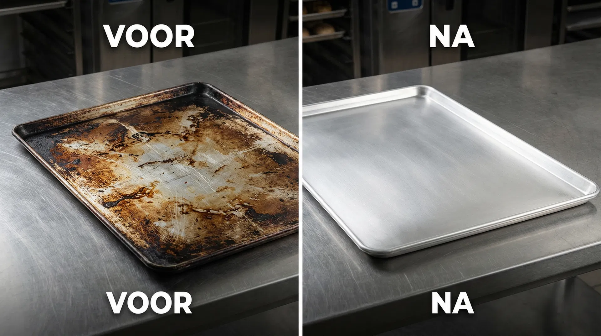 Voor en na reiniging van bakblikken - links een vuil, aangekoekt bakblik, rechts een perfect schoon bakblik na machinale reiniging