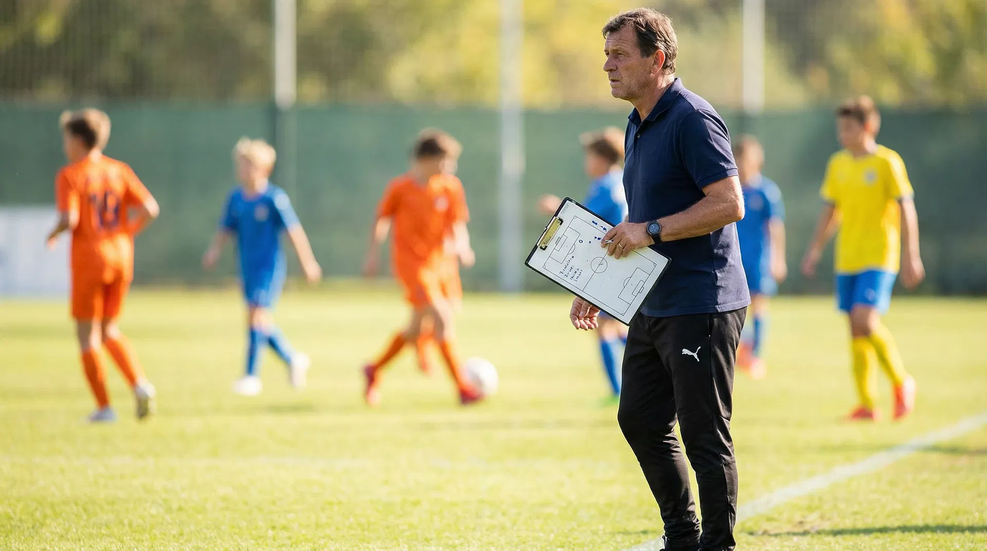 Soccer coach with clipboard watching youth players on the sideline