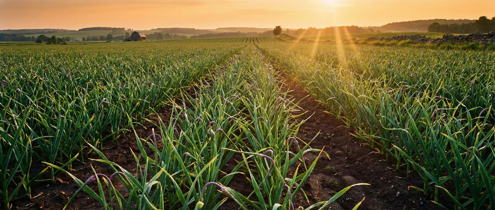 Ontario garlic field at golden hour