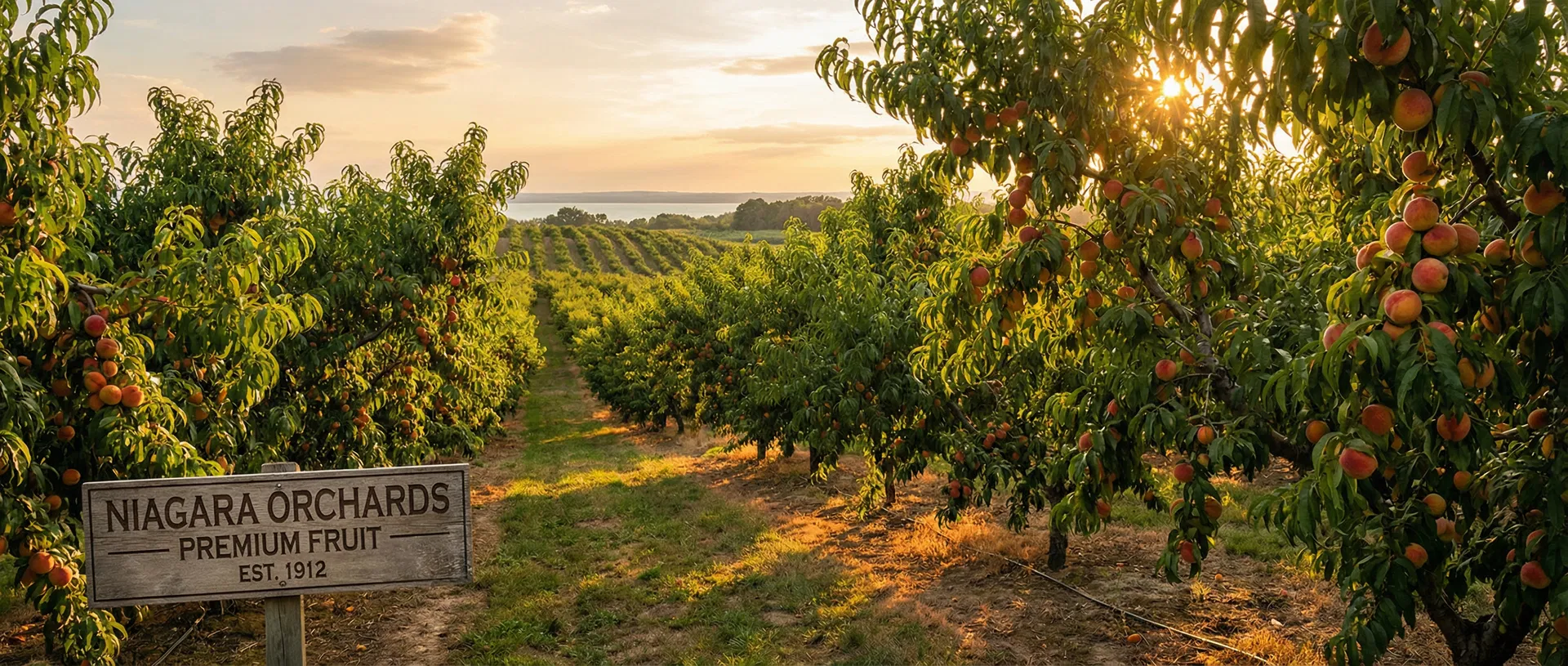 Ontario peach orchard at golden hour