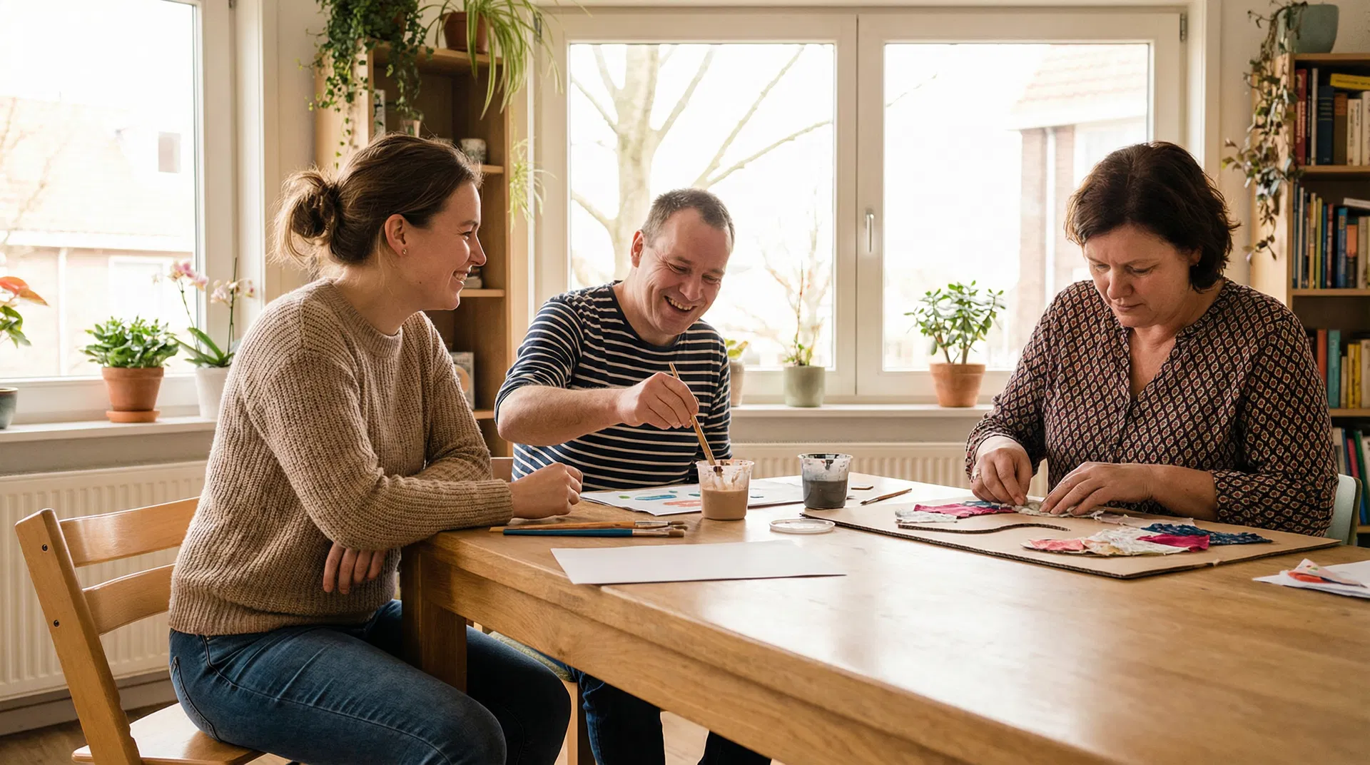 Zorgprofessional begeleidt bewoners bij een activiteit op de woongroep