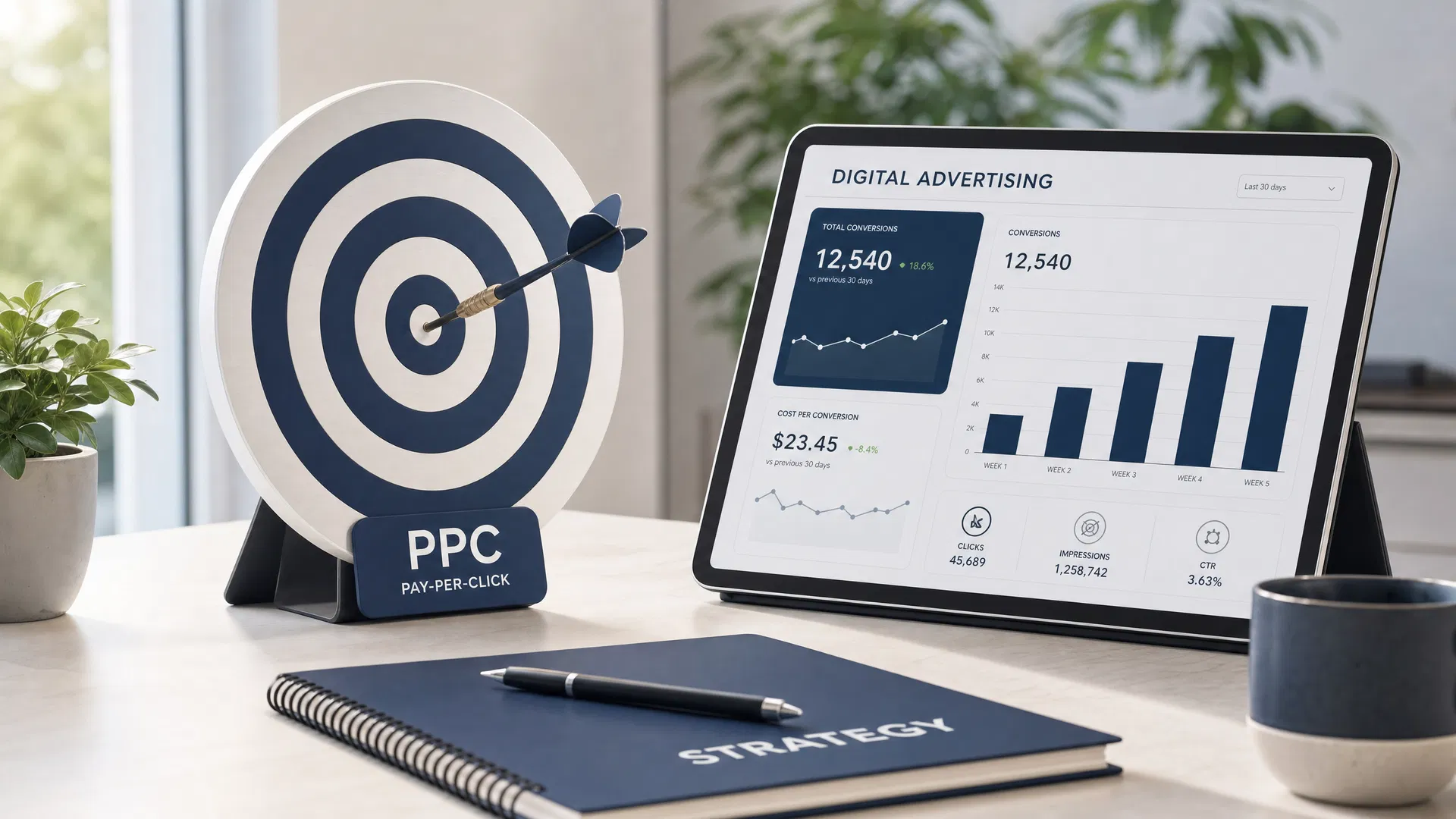 Dynamic representation of Digital Advertising and PPC with glowing target bullseye and social media icons