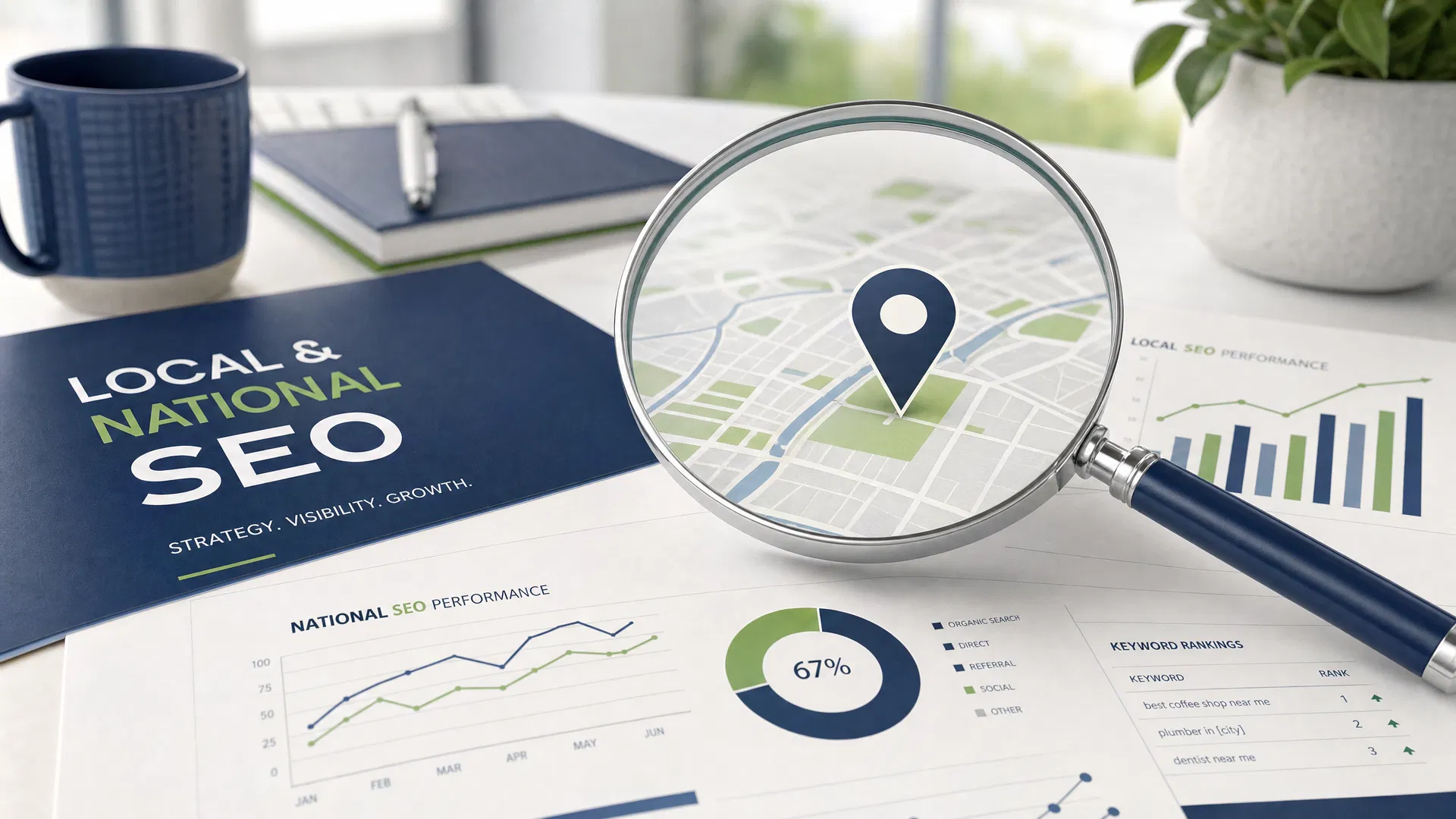 Conceptual representation of Local SEO and Answer Engine Optimization with glowing map pins and data charts